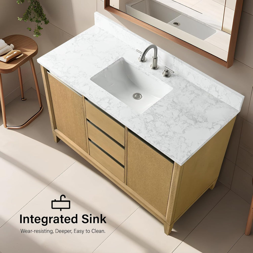 HOMEBEYOND 48 Inch Bathroom Vanity with Single Sink & Ceramic Top, Vanity Cabinet with Solid Wood Frame, Soft-Closing Doors, Drawers, Natural Oak