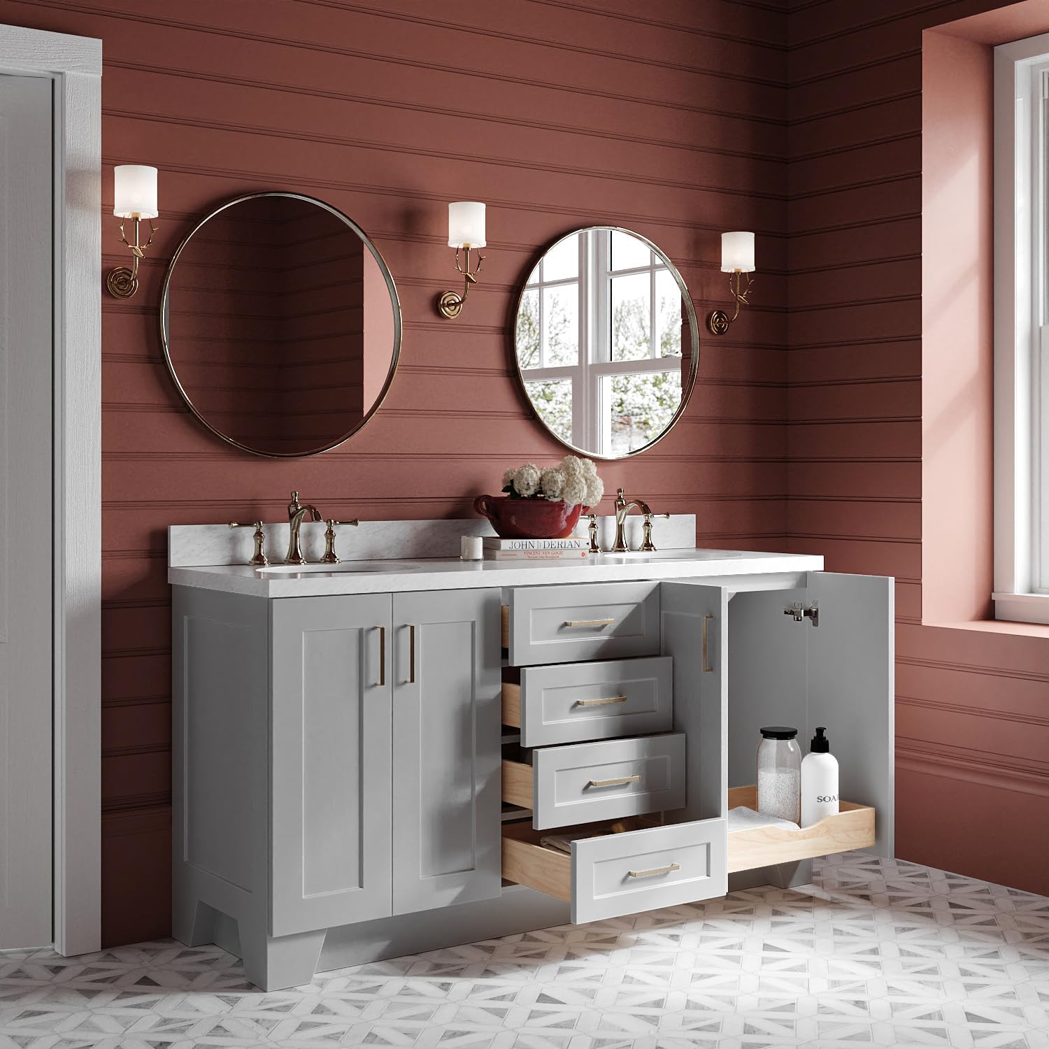 ARIEL Taylor 66-inch Bathroom Vanity with Sink,Solid Wood, 1.5-inch Italian Carrara Marble Countertop & Backsplash, Double Oval Porcelain Sink, 4 Soft Closing Doors, 5 Dovetail Drawers, Grey