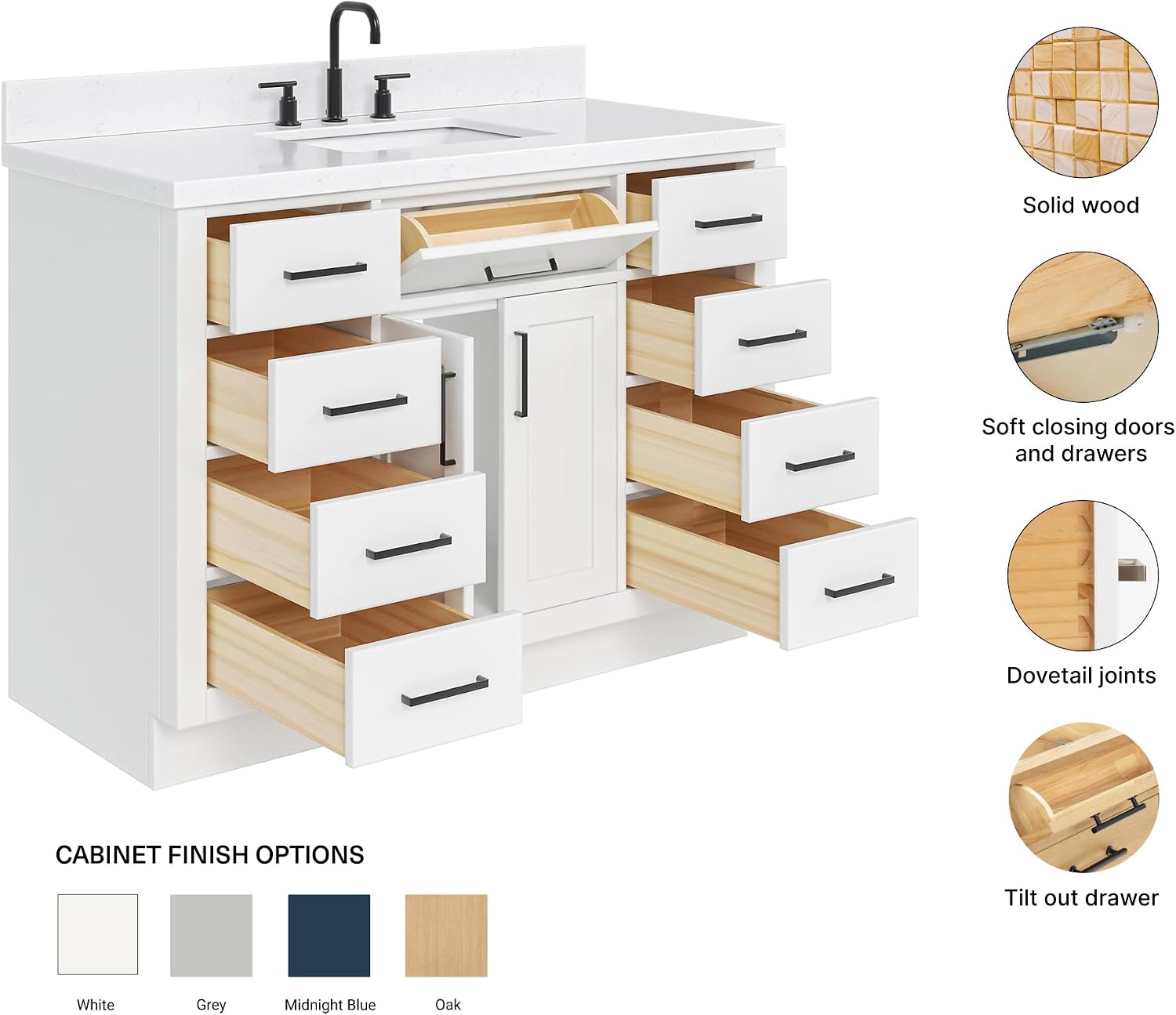 ARIEL Hepburn 48-inch Bathroom Vanity with Sink,Solid Wood, 1.5-inch Carrara White Quartz Countertop & Backsplash, Single Rectangular Porcelain Sink, 2 Soft Closing Doors, 9 Dovetail Drawers, White