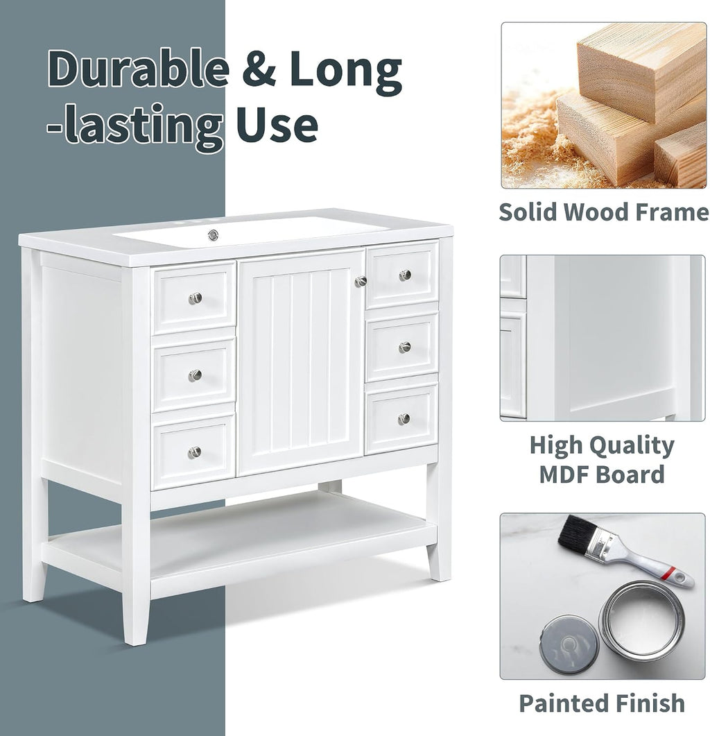 Harper & Bright Designs 36' Bathroom Vanity with Sink, Free Standing Single Basin Vanity Set with One Cabinet and Three Drawers, Wooden Bathroom Cabinet with Ceramic Sink for Bathroom, White