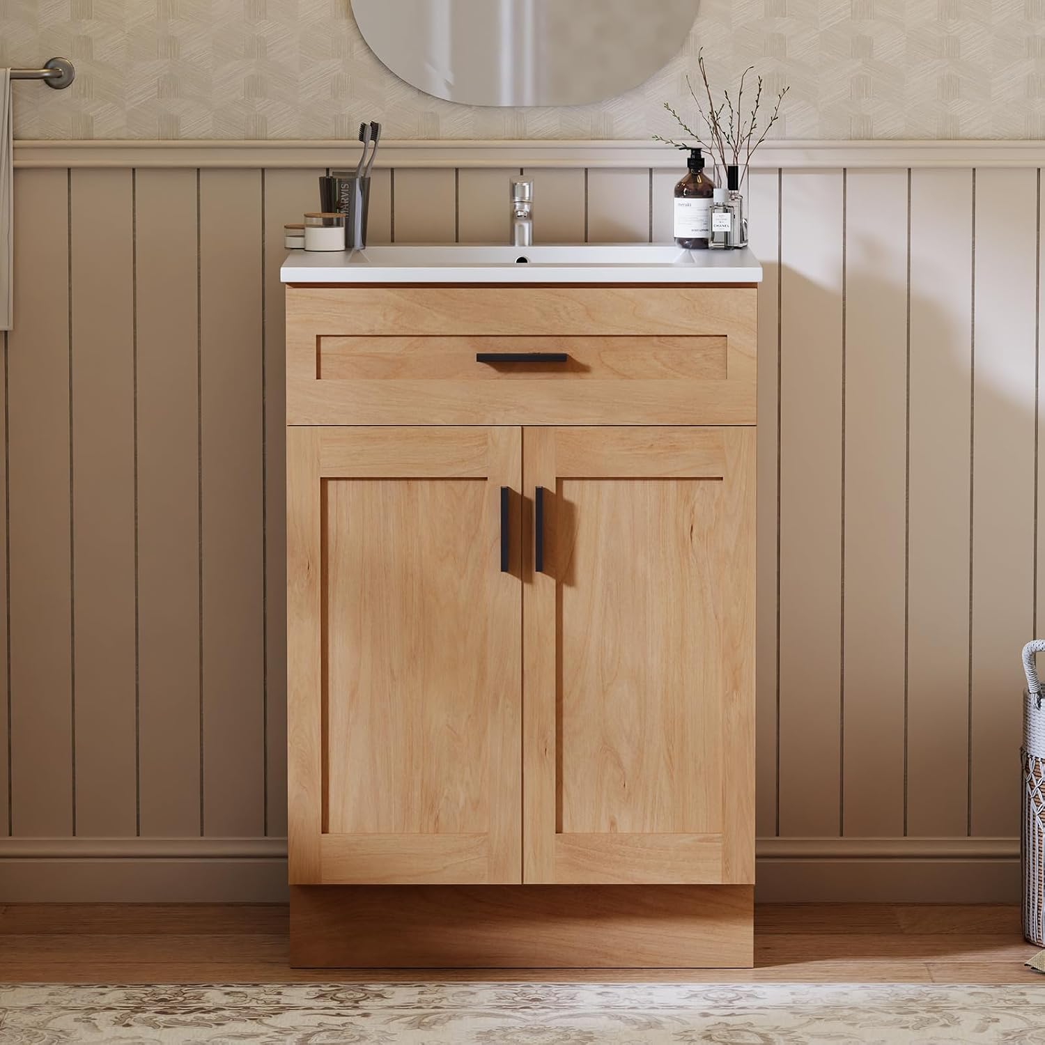 24 Inch Bathroom Vanity with Sink, Modern Storage Cabinet, Contains White Sink and Soft-Closing Door, Spacious Bathroom Storage Space (Nature with Sink, 24 Inch)