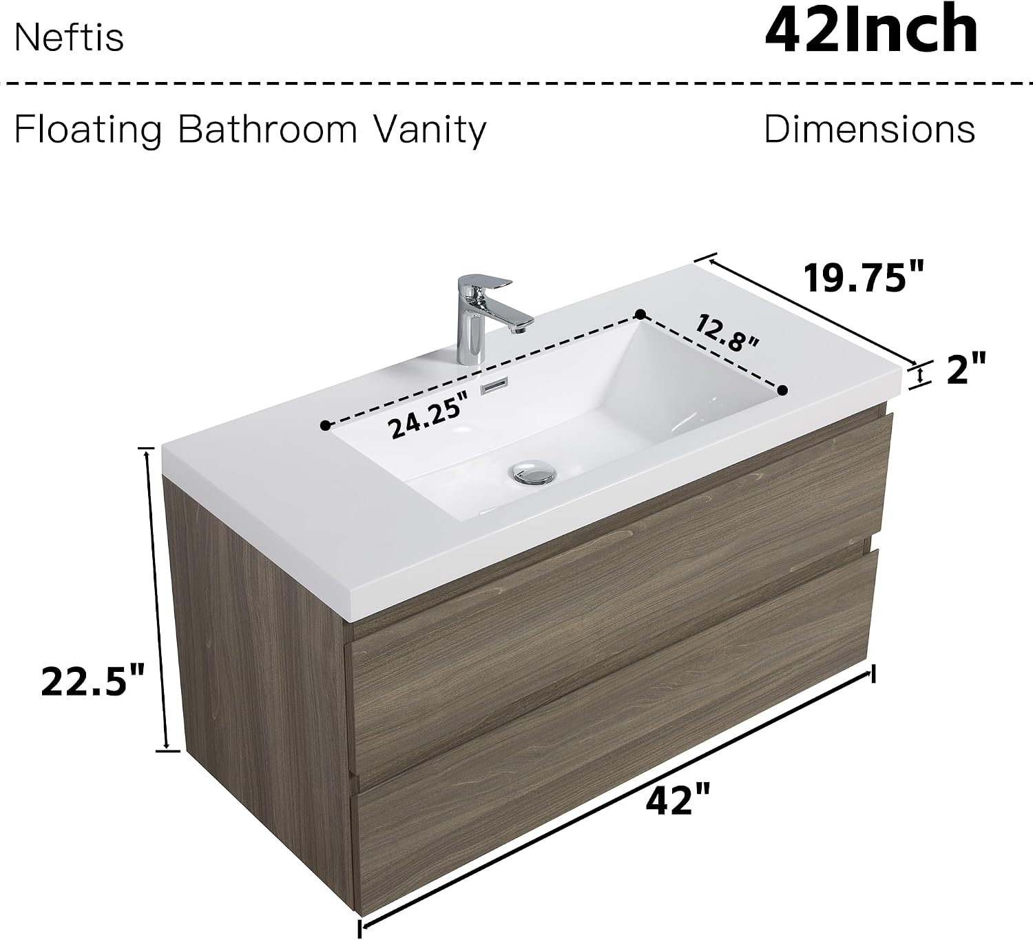 Neftis 42-Inch Floating Vanity with Sink, Pre-Assembled Modern Bathroom Vanity Sink Combo with Storage, Soft-Closing Drawers, One-piece Countertop White Resin Sink, Ash Grey Vanity for Bathroom
