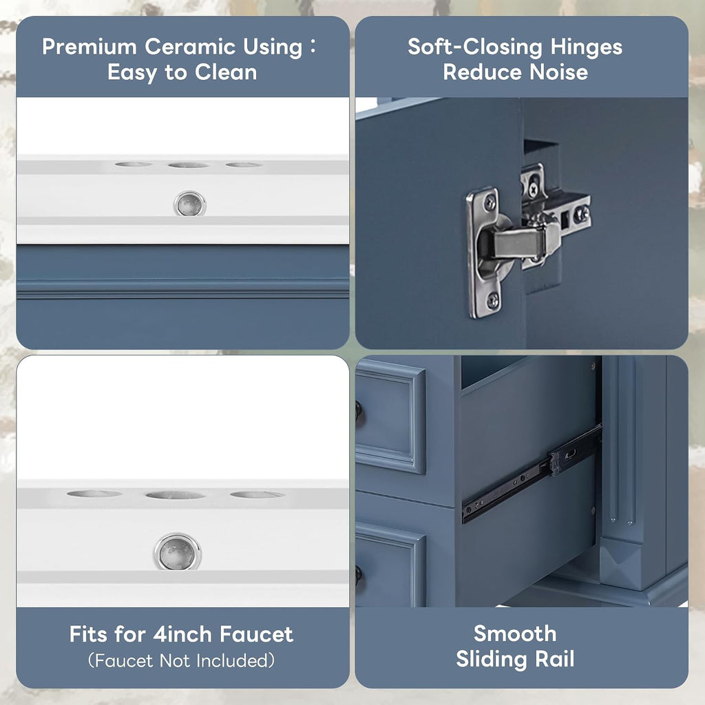 30 Inch Blue-Grey Bathroom Vanity with Sink,Modern Bathroom Vanity with 2 Right Hand Drawers & Adjustable Shelf,Soft Closing Doors & Black Handles,Solid Wood Frame,French Embossed Front