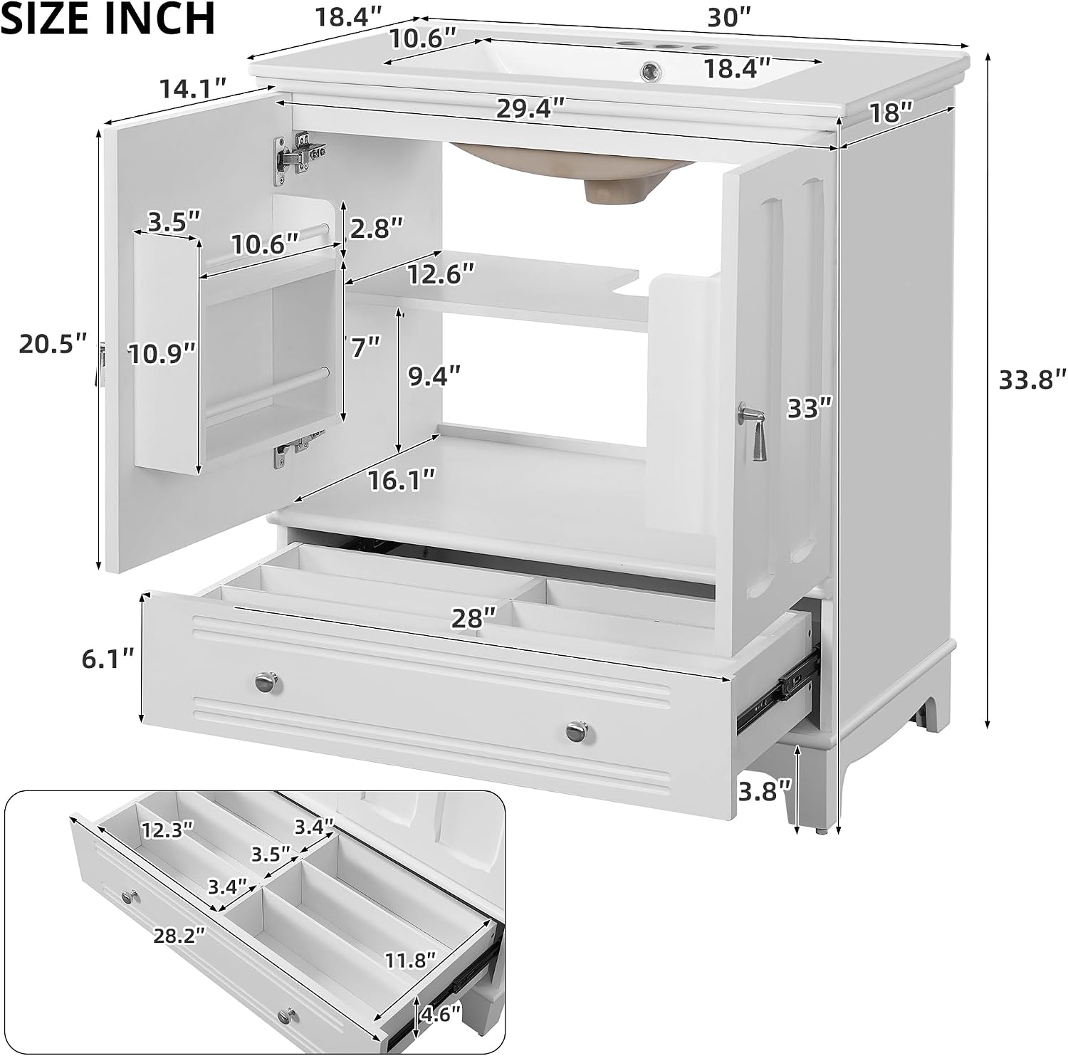 Merax 30 Inch Bathroom Vanity with Sink, Freestanding Painted Bathroom Vanity Cabinet with 2 Doors & 2 Drawers, Solid Wood Frame, Ceramic Sink