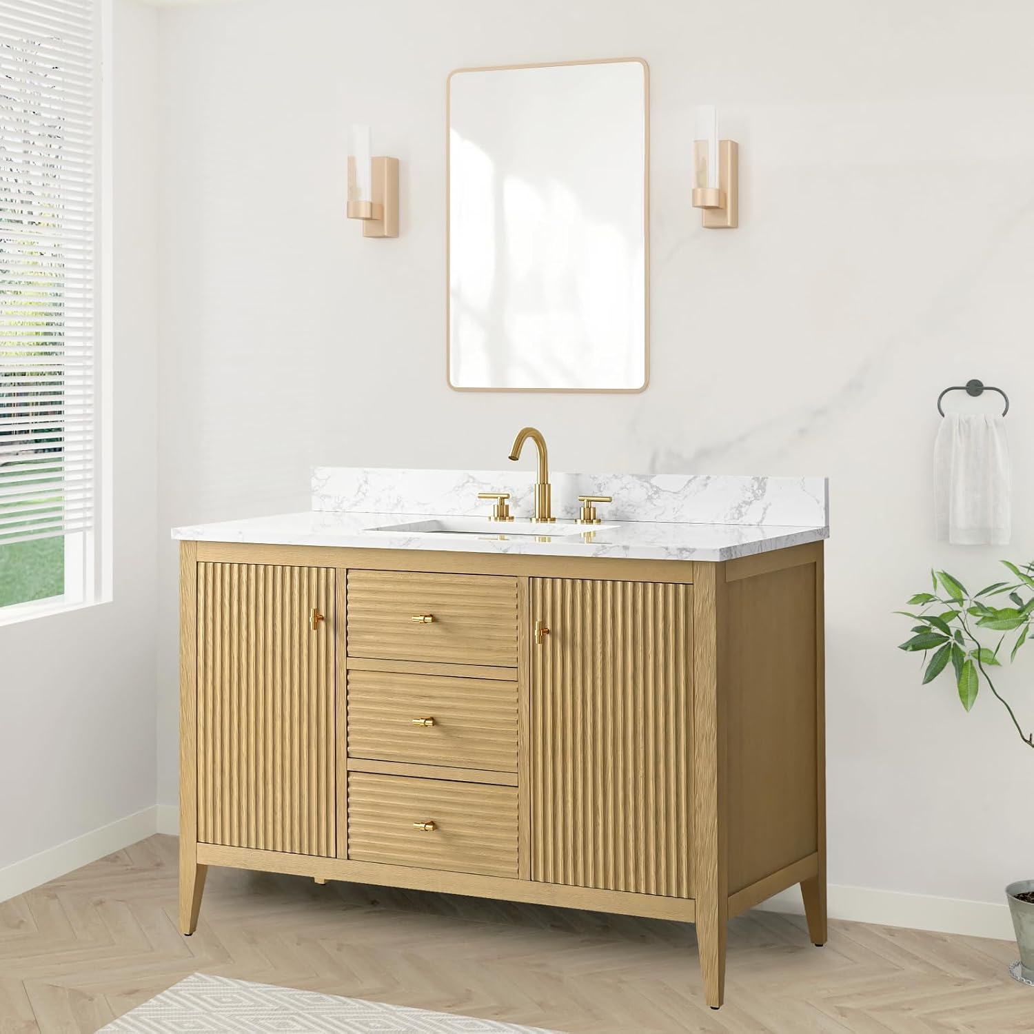 HOMEBEYOND 48' Bathroom Vanity with Sink, Solid Wood Bathroom Vanity Free-Standing Cabinet, Drawers, Ceramic Top & Soft Closing Door, Golden Brushed Handware, Natural Oak