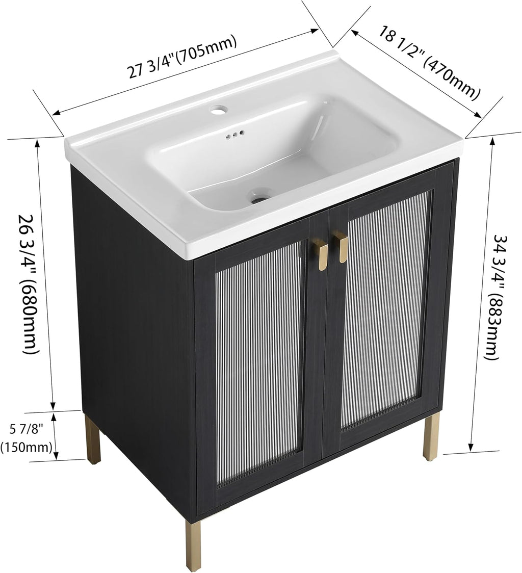 Malwee 28 Inch Freestanding Bathroom Vanity with Sink, 28'' Floor Standing Bathroom Vanity, Modern Vanity with 2 Doors and White Ceramic Basin Sink Top (083-28)
