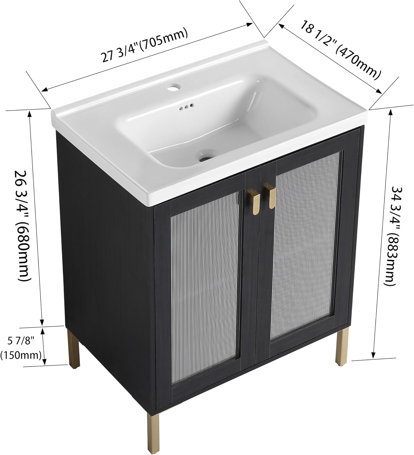 Malwee 28 Inch Freestanding Bathroom Vanity with Sink, 28'' Floor Standing Bathroom Vanity, Modern Vanity with 2 Doors and White Ceramic Basin Sink Top (083-28)