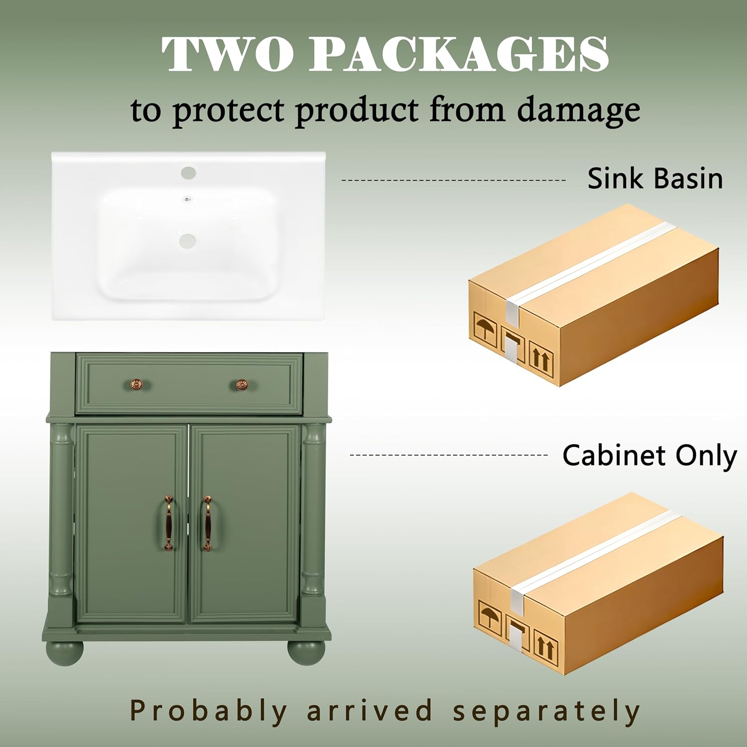 28 inch Bathroom Vanity with Sink, Modern Freestanding Bathroom Vanity Cabinet with Ceramic Sink, Flip Top Drawer, 2 Soft Closing Doors, Adjustable Shelf, Metal Handles, Round Column Base, Green