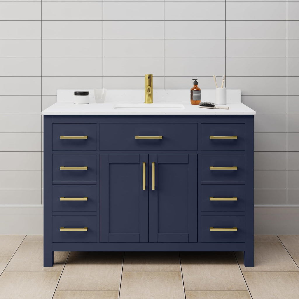Beckett 48 Inch Single Bathroom Vanity in Dark Blue, White Cultured Marble Countertop, Undermount Square Sink, Brushed Gold Trim