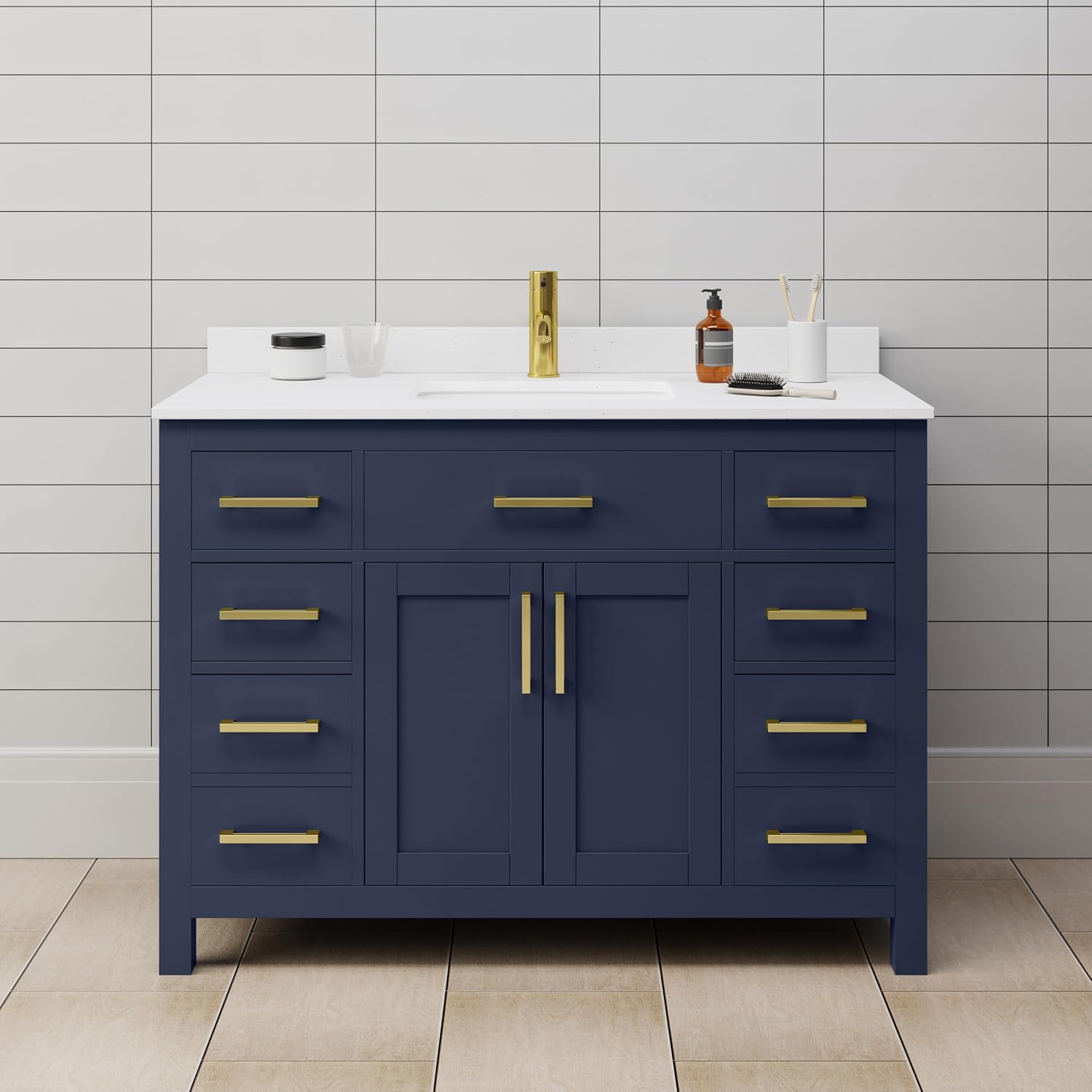 Beckett 48 Inch Single Bathroom Vanity in Dark Blue, White Cultured Marble Countertop, Undermount Square Sink, Brushed Gold Trim