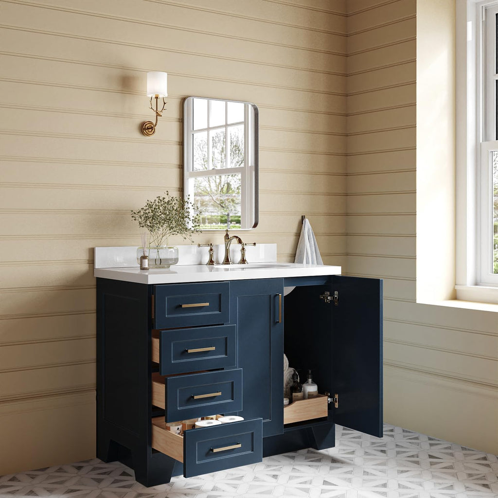 ARIEL Taylor 42-inch Bathroom Vanity with Sink,Solid Wood, 1.5-inch Pure White Quartz Countertop & Backsplash, Single Oval Porcelain Sink, 2 Soft Closing Doors, 5 Dovetail Drawers, Midnight Blue