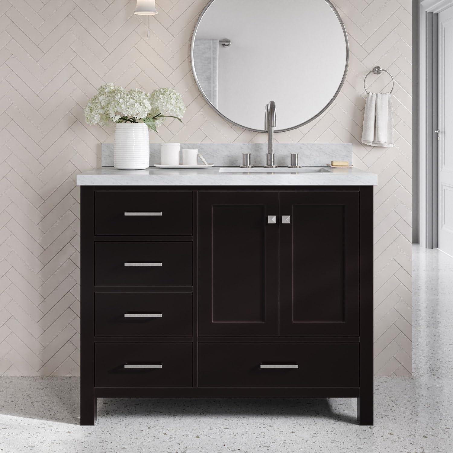 DKB Beckford 42-Inch Espresso Single Bathroom Vanity with Sink, Solid Wood, 1.5' Carrara Marble Countertop & Backsplash, Right Rectangular Undermount Sink, 2 Soft Closing Doors, 5 Drawers