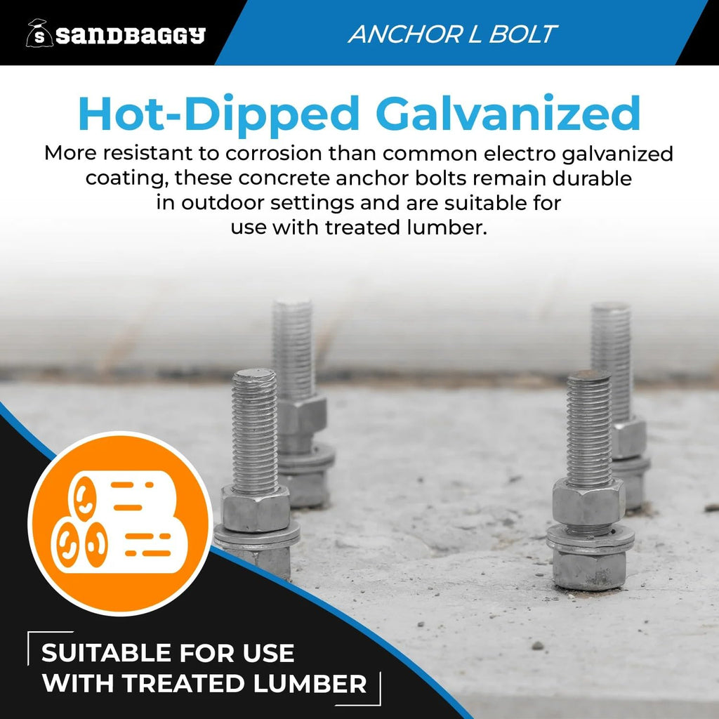 Sandbaggy 5/8' x 12' Threaded Concrete Anchor L-Bolts (Nuts & Washers Included) - Hot Dipped Galvanized - Sill Plate, Base Plate, Masonry, Wood, Cement Anchors, J Bolt (20, 5/8' x 12')