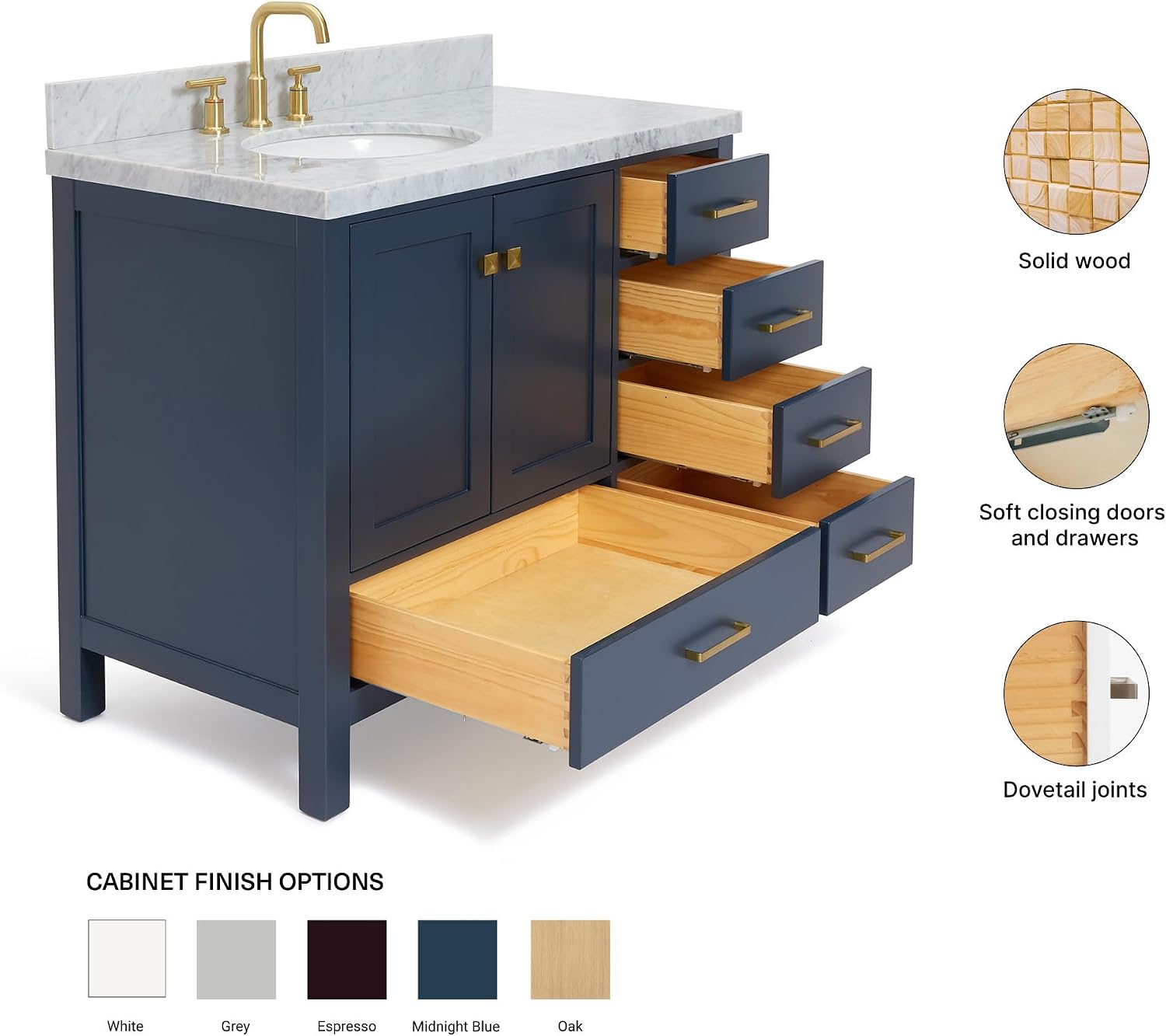 ARIEL Cambridge 42-inch Bathroom Vanity with Sink,Solid Wood, 1.5-inch Italian Carrara Marble Countertop, Single Oval Porcelain Sink, 2 Soft Closing Doors, 5 Dovetail Drawers, Midnight Blue