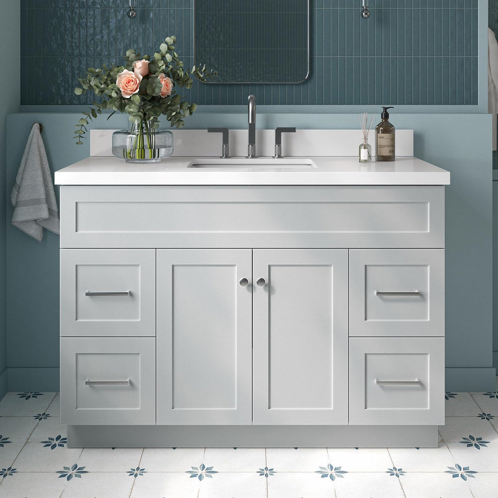 ARIEL Hamlet 48-inch Bathroom Vanity with Sink,Solid Wood, 1.5-inch Pure White Quartz Countertop & Backsplash, Single Rectangular Porcelain Sink, 2 Soft Closing Doors, 4 Dovetail Drawers, Grey