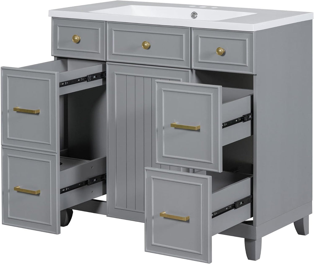 LUMISOL 36' Bathroom Vanity with Sink Top, Modern Bathroom Storage Cabinet with 3 Drawers & 2 Doors, Grey Bathroom Vanity with Undermount Sink, Solid Wood Frame