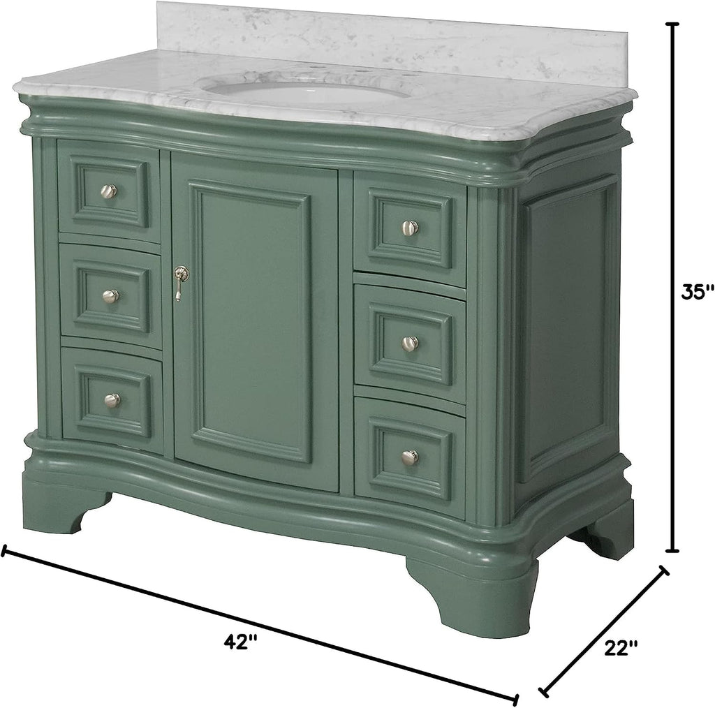 Kitchen Bath Collection Katherine 42-inch Bathroom Vanity (Carrara/Sage Green): Includes Sage Green Cabinet with Authentic Italian Carrara Marble Countertop and White Ceramic Sink