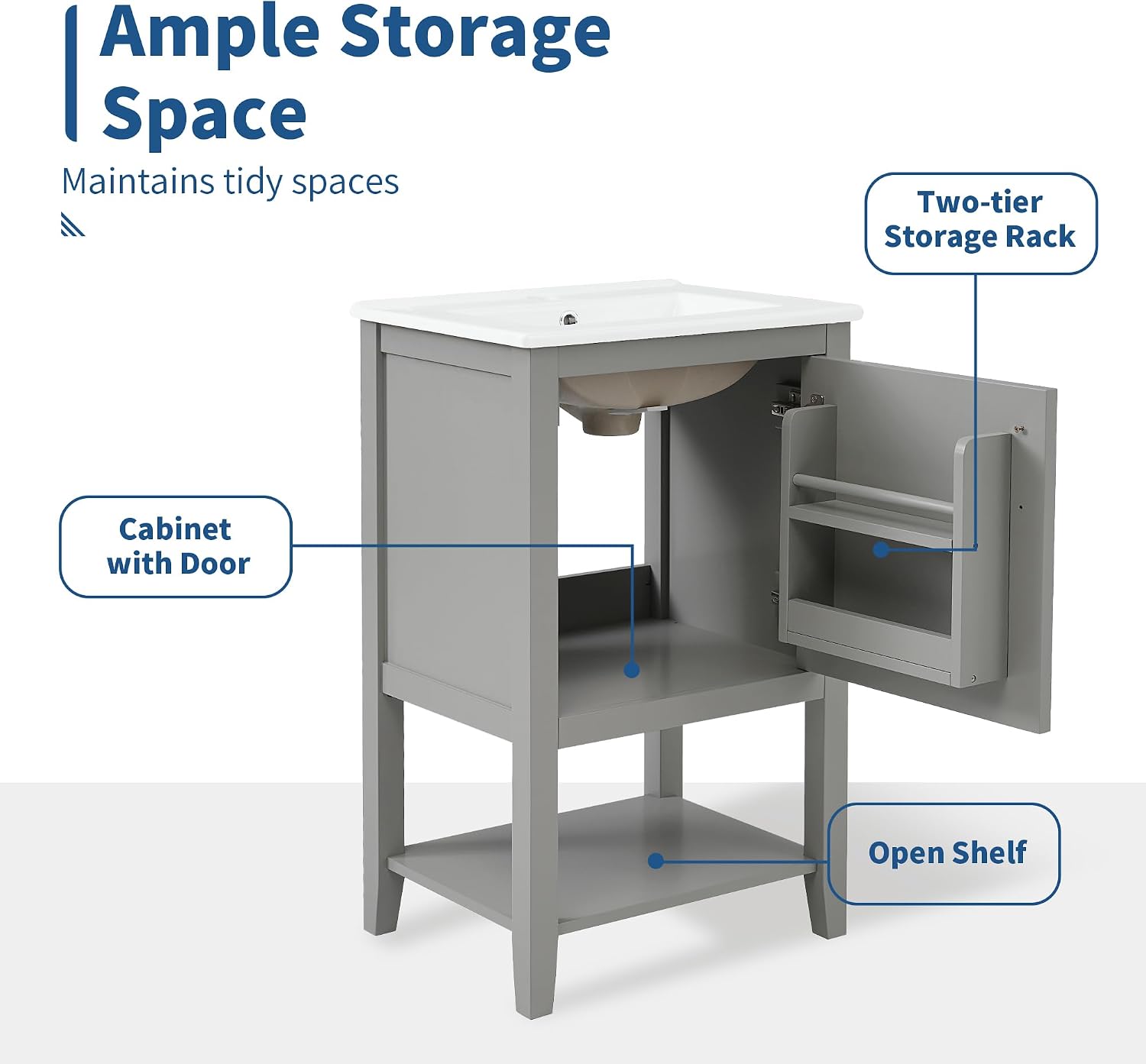 20' Bathroom Vanity Cabinet with Ceramic Sink Top Set, Freestanding, Two-Tier Storage Rack, Soft Closing Door, Grey