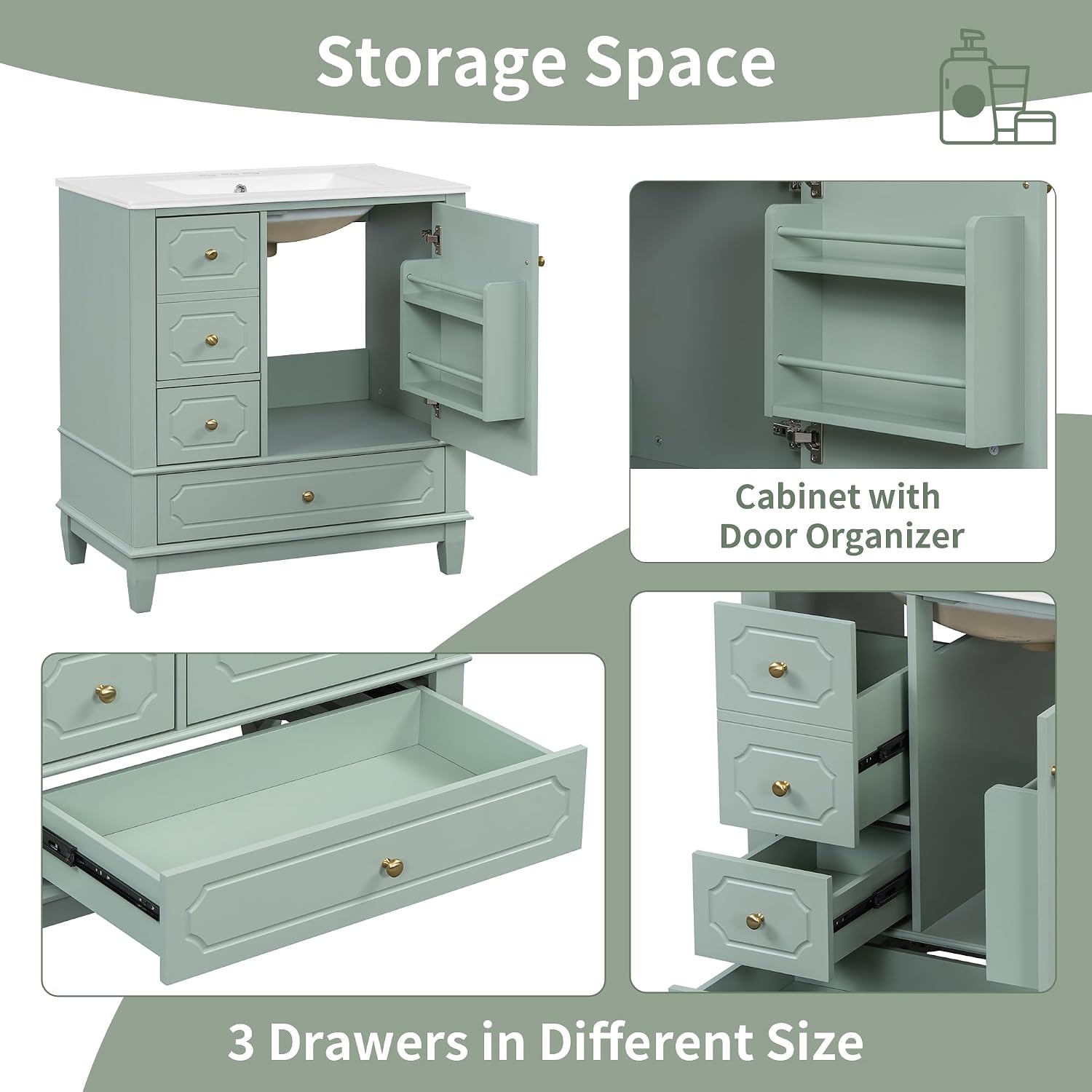 Bathroom Vanity with Ceramic Sink 30 inch, Multi-Functional Storage Cabinet with Drawers and Door Shelf, Solid Wood Frame, Soft-Closing Door, Light Green