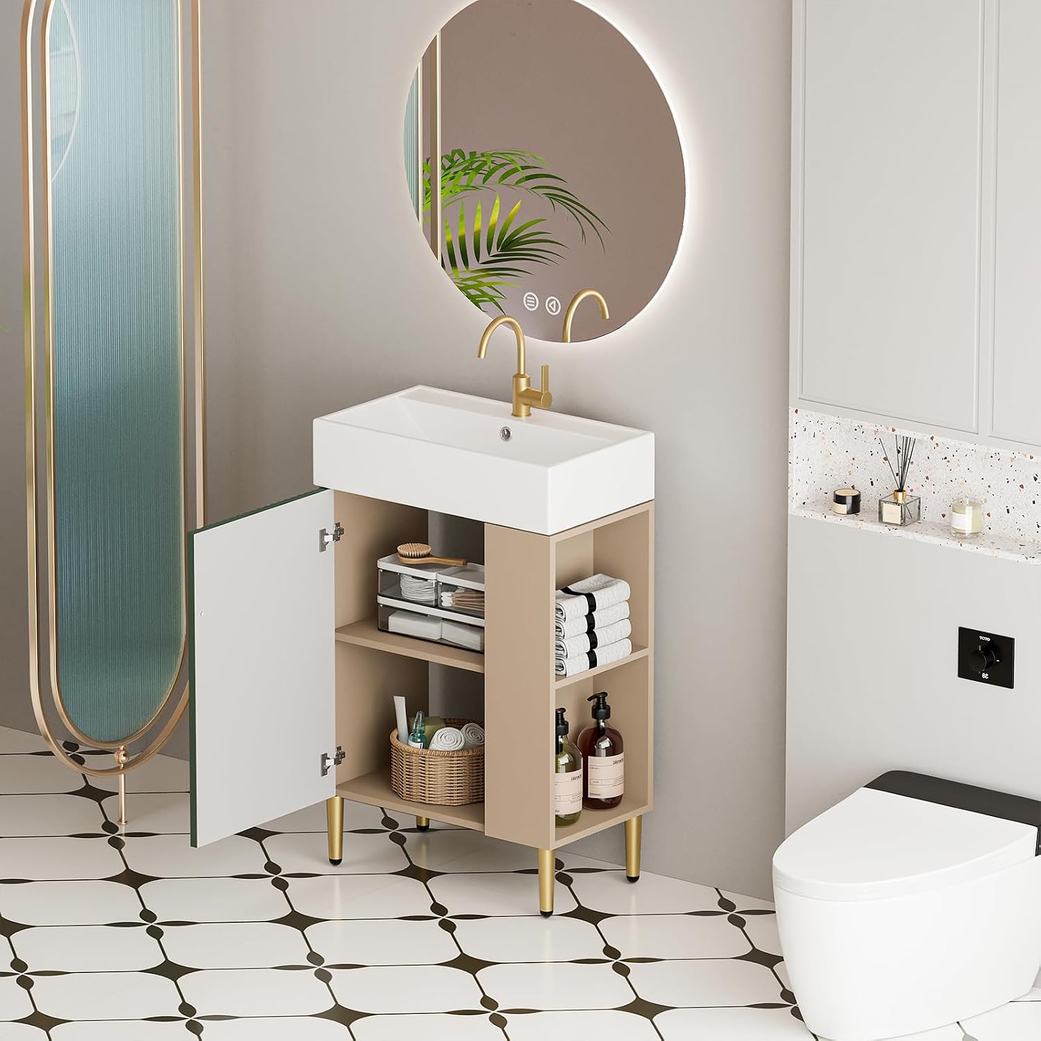 21.6 Inch Bathroom Vanity with Sink, Vanities with Square Ceramic Sink Top and Right Side Storage, Combo Stand Storage Cabinet Set for Small Bathroom (Green)