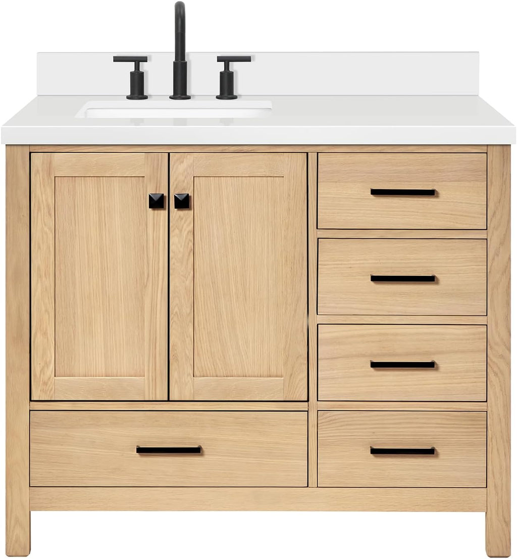 ARIEL Cambridge 42-Inch Oak Bathroom Vanity with Sink, Pure White Quartz Countertop 1.5' Miter Edge & 4' Backsplash, Porcelain Sink, Soft Closing Door & Drawer, Matte Black Hardware