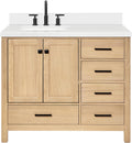 ARIEL Cambridge 42-Inch Oak Bathroom Vanity with Sink, Pure White Quartz Countertop 1.5' Miter Edge & 4' Backsplash, Porcelain Sink, Soft Closing Door & Drawer, Matte Black Hardware