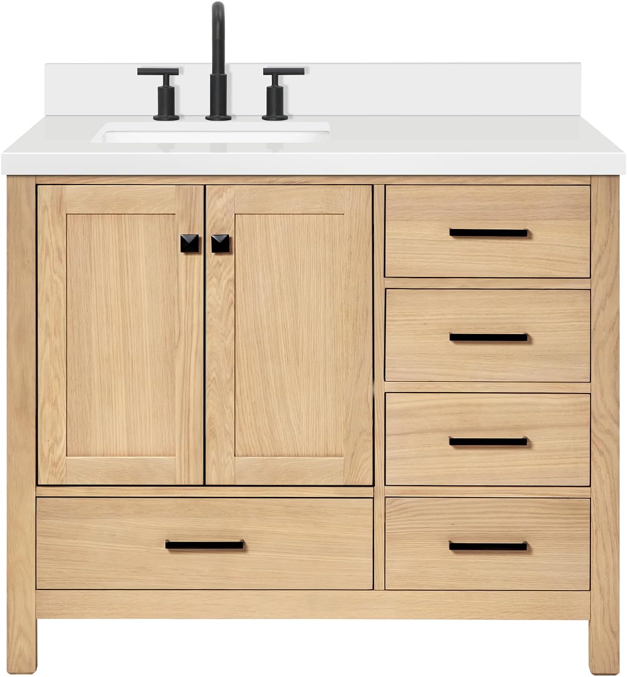 ARIEL Cambridge 42-Inch Oak Bathroom Vanity with Sink, Pure White Quartz Countertop 1.5' Miter Edge & 4' Backsplash, Porcelain Sink, Soft Closing Door & Drawer, Matte Black Hardware