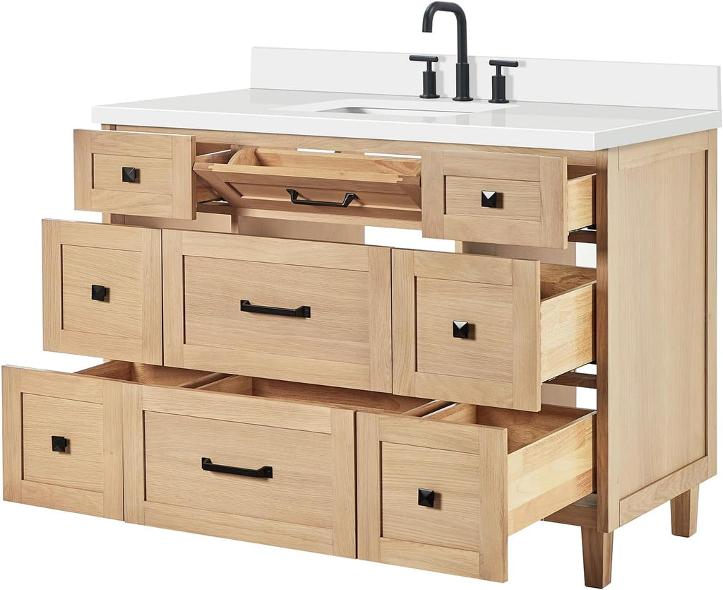 ARIEL Monroe 48-inch Bathroom Vanity with Sink,Solid Wood, 1.5-inch Pure White Quartz Countertop & Backsplash, Single Rectangular Porcelain Sink, 9 Dovetail Drawers, Matte Black, White Oak