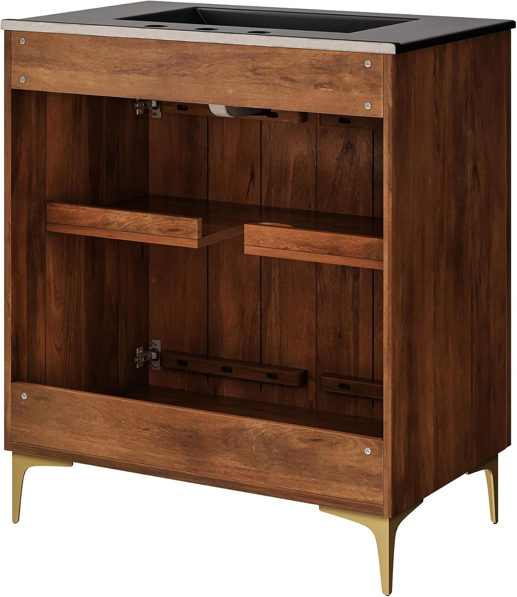 Modway Vernon 30' Fluted Wood Bathroom Vanity in Walnut Black with Ceramic Sink – Mid-Century Modern Freestanding Vanity with Integrated Sink and Countertop