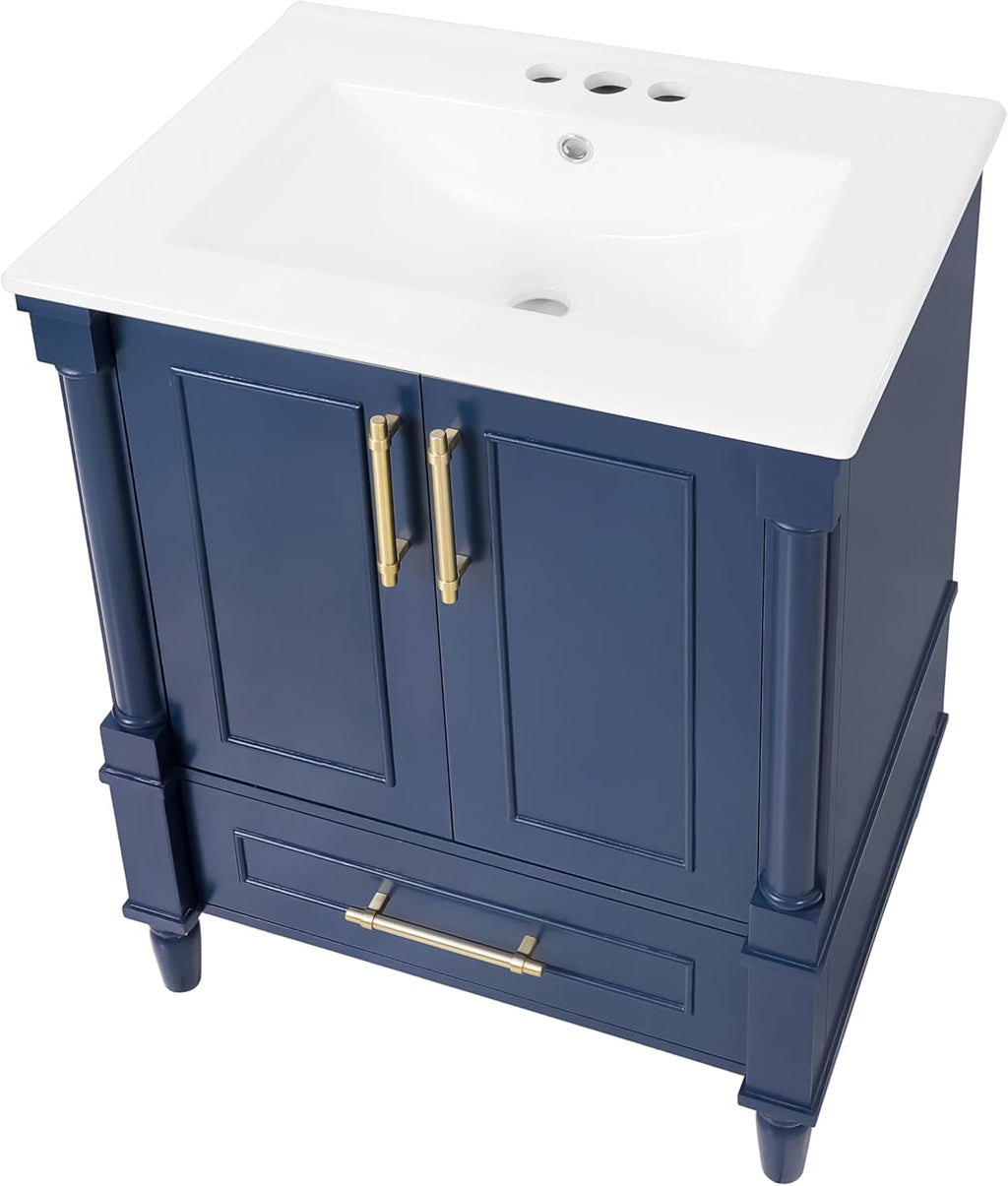 VilroCaz 24' Modern Bathroom Vanity with Ceramic Sink, Ornate Motif Design Doors & Soft-Close Hinges, Wood Bathroom Cabinet with Drawer, Ornately Carved French Cylinder Legs (Dark Blue-4.23)
