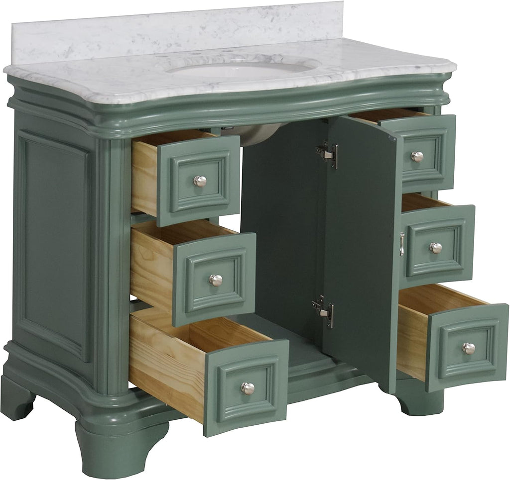 Kitchen Bath Collection Katherine 42-inch Bathroom Vanity (Carrara/Sage Green): Includes Sage Green Cabinet with Authentic Italian Carrara Marble Countertop and White Ceramic Sink
