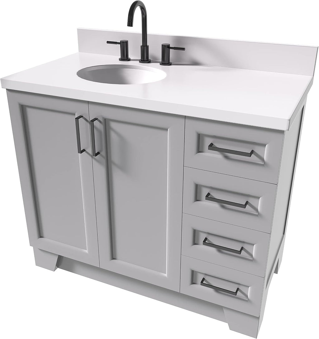 ARIEL Taylor 42-inch Bathroom Vanity with Sink,Solid Wood, 1.5-inch Pure White Quartz Countertop & Backsplash, Single Oval Porcelain Sink, 2 Soft Closing Doors, 5 Dovetail Drawers, Grey