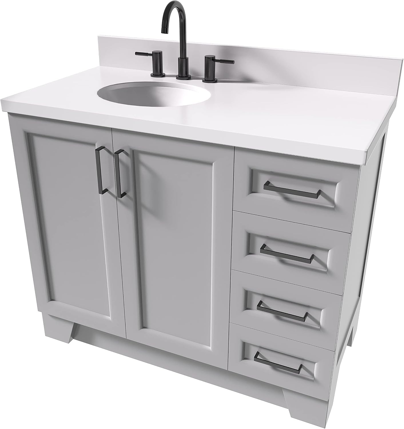 ARIEL Taylor 42-inch Bathroom Vanity with Sink,Solid Wood, 1.5-inch Pure White Quartz Countertop & Backsplash, Single Oval Porcelain Sink, 2 Soft Closing Doors, 5 Dovetail Drawers, Grey