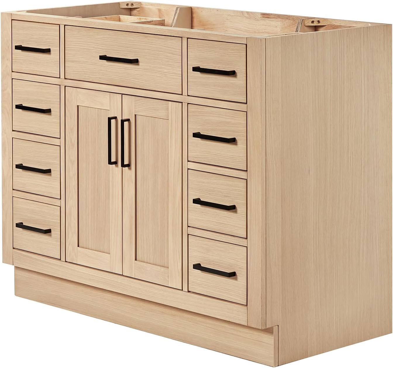 ARIEL Hepburn 42-inch Bathroom Vanity Base Cabinet,Solid Wood, 2 Soft Closing Doors, 9 Dovetail Drawers, White Oak
