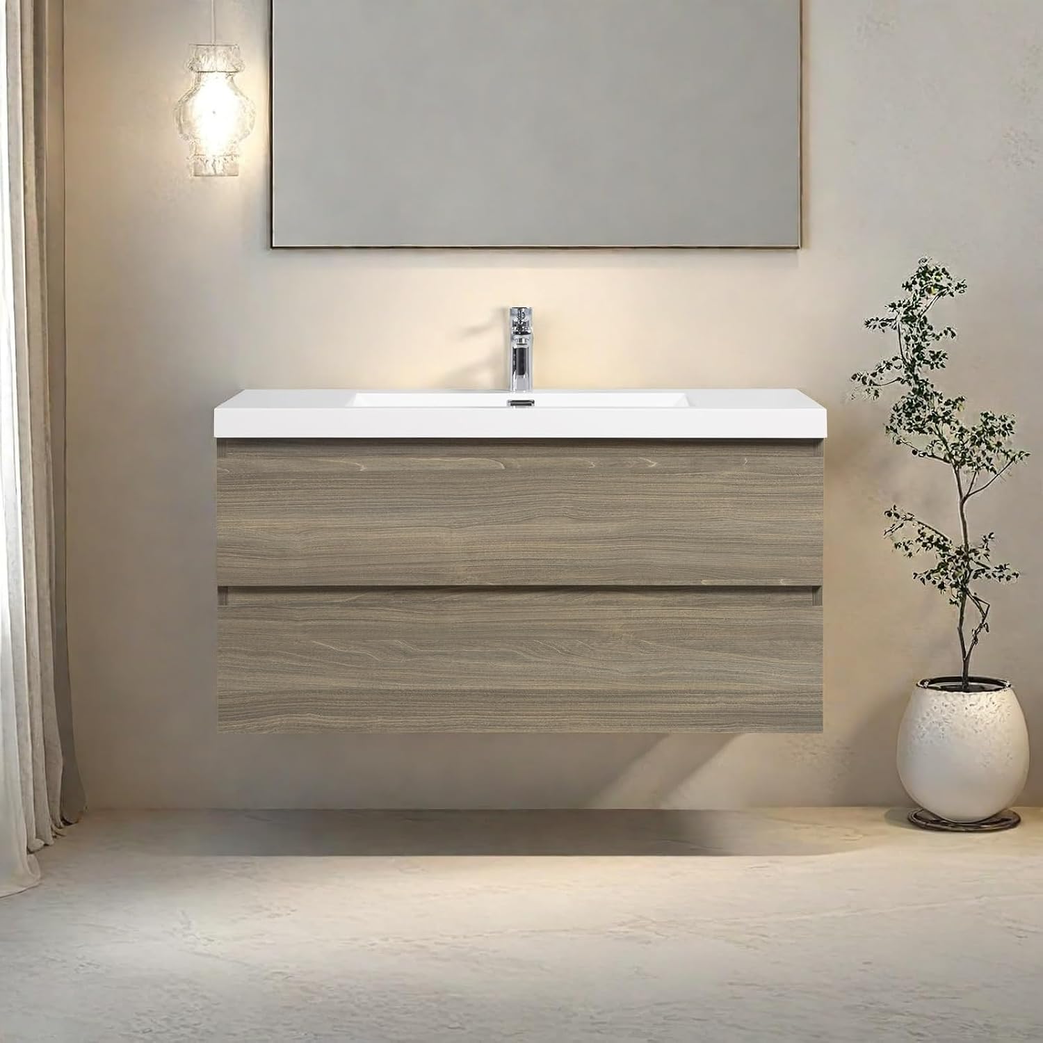 Floating Bathroom Vanity with Sink, Modern 42' Wall Mounted Vanity with Resin Top Basin and 2 U-Shaped Soft-Close Storage Drawers, Bathroom Storage Cabinet with Invisible Handle, Grey