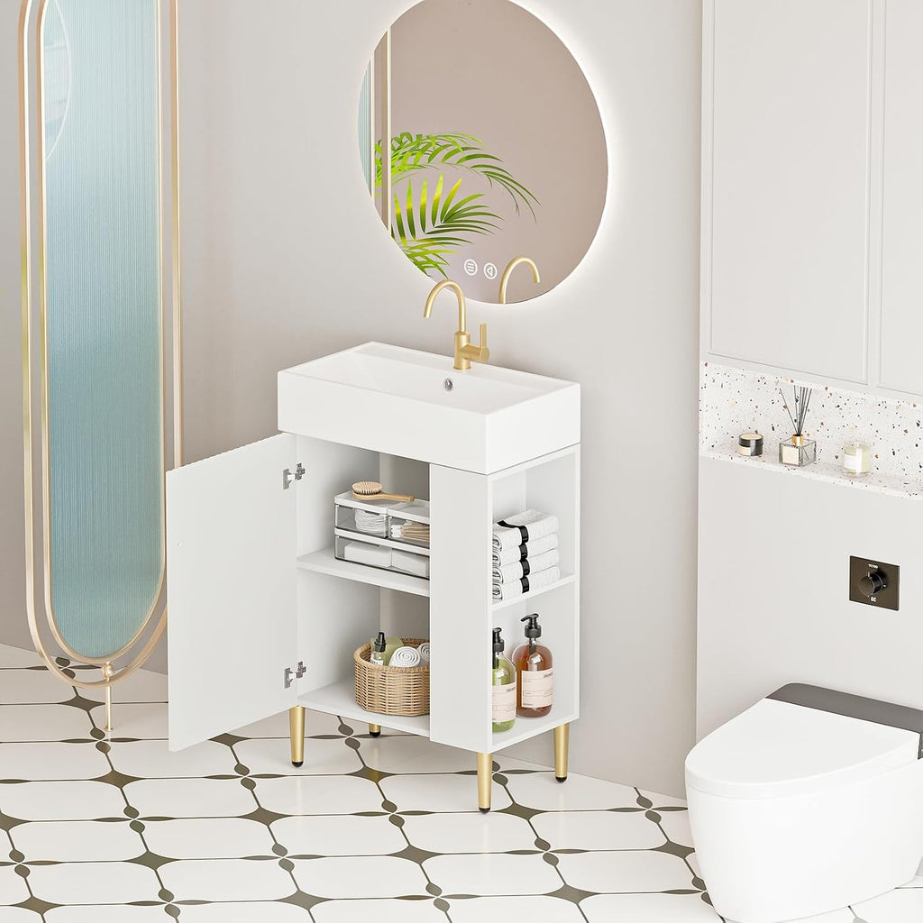 21.6 Inch Bathroom Vanity with Sink, Vanities with Square Ceramic Sink Top and Right Side Storage, Combo Stand Storage Cabinet Set for Small Bathroom (White)