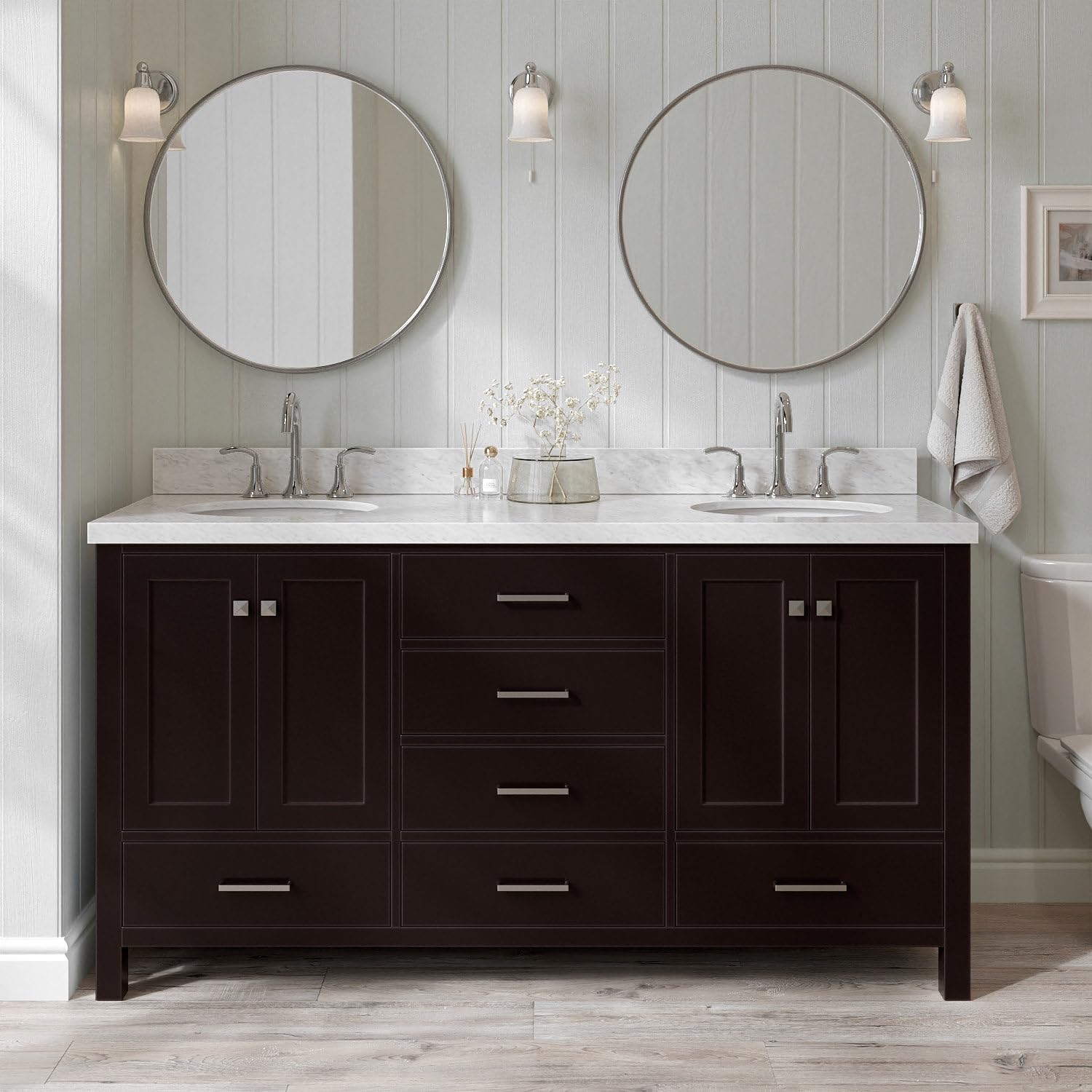 ARIEL Cambridge 66-inch Bathroom Vanity with Sink,Solid Wood, 1.5-inch Italian Carrara Marble Countertop & Backsplash, Double Oval Porcelain Sink, 4 Soft Closing Doors, 6 Dovetail Drawers, Espresso