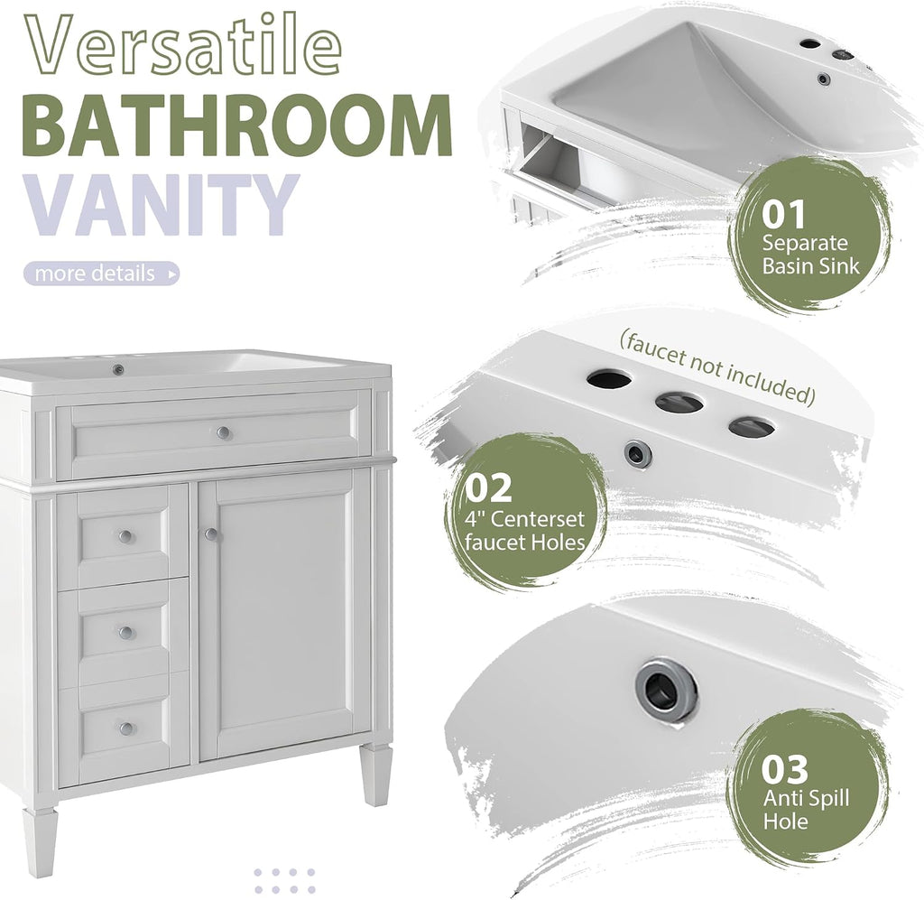 Merax 30' Bathroom Sink Vanity with Matching Medicine Cabinet Combo, Modern Bathroom Storage Cabinet, Solid Wood Frame, Painted Finish