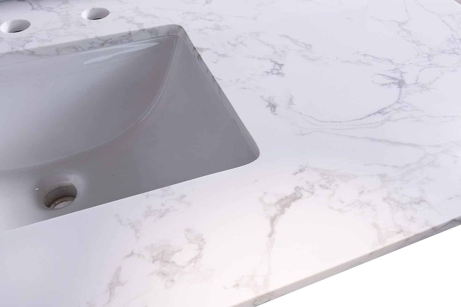 37' x22 Vanity Top with Under Mount Rectangle Bowl, Carrara White, artificial Marble Stone, 8' Pre-Drilled Holes, 37'x22' Vanity Top Sink, Reinforced Packaging (Not included Faucet)