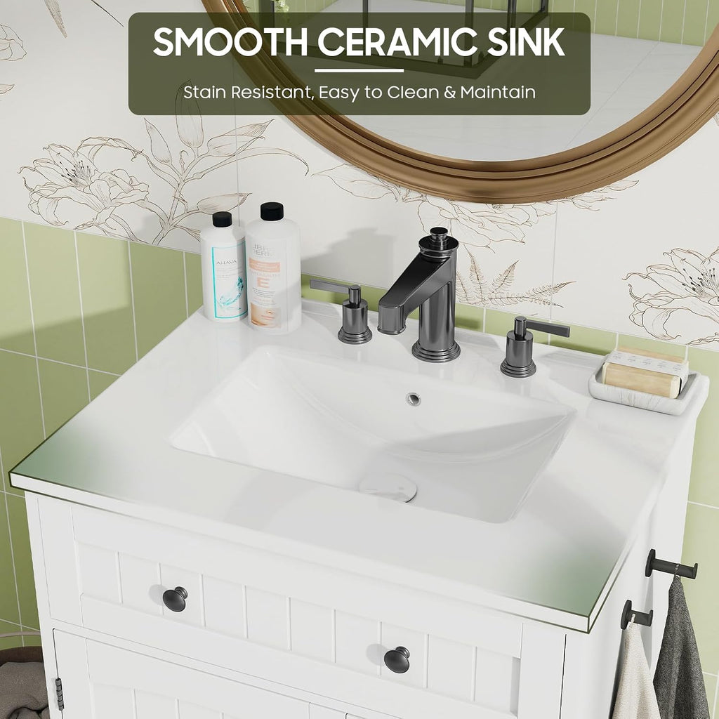 Vabches Bathroom Vanity with Sink Combo, Freestanding Bathroom Storage Cabinet with 4 Drawers and Sliding Door, Vintage Vanity Cabinet with Ceramic Sink, White