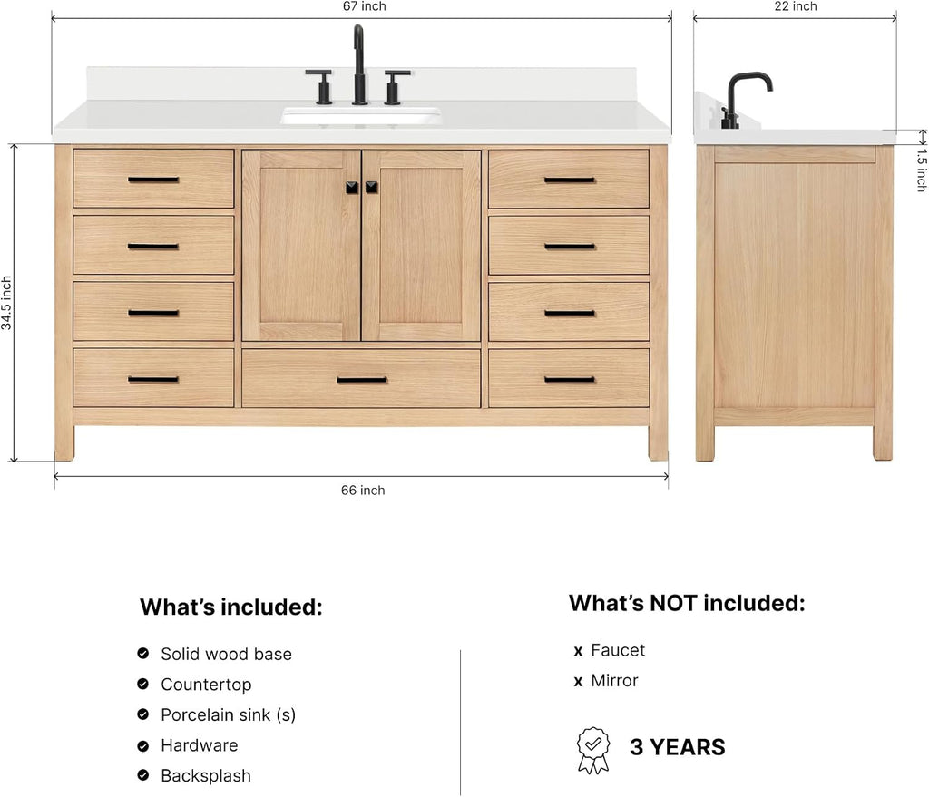 ARIEL Cambridge 66-inch Bathroom Vanity with Sink,Solid Wood, 1.5-inch Pure White Quartz Countertop, Single Rectangular Porcelain Sink, 2 Soft Closing Doors, 9 Dovetail Drawers, White Oak