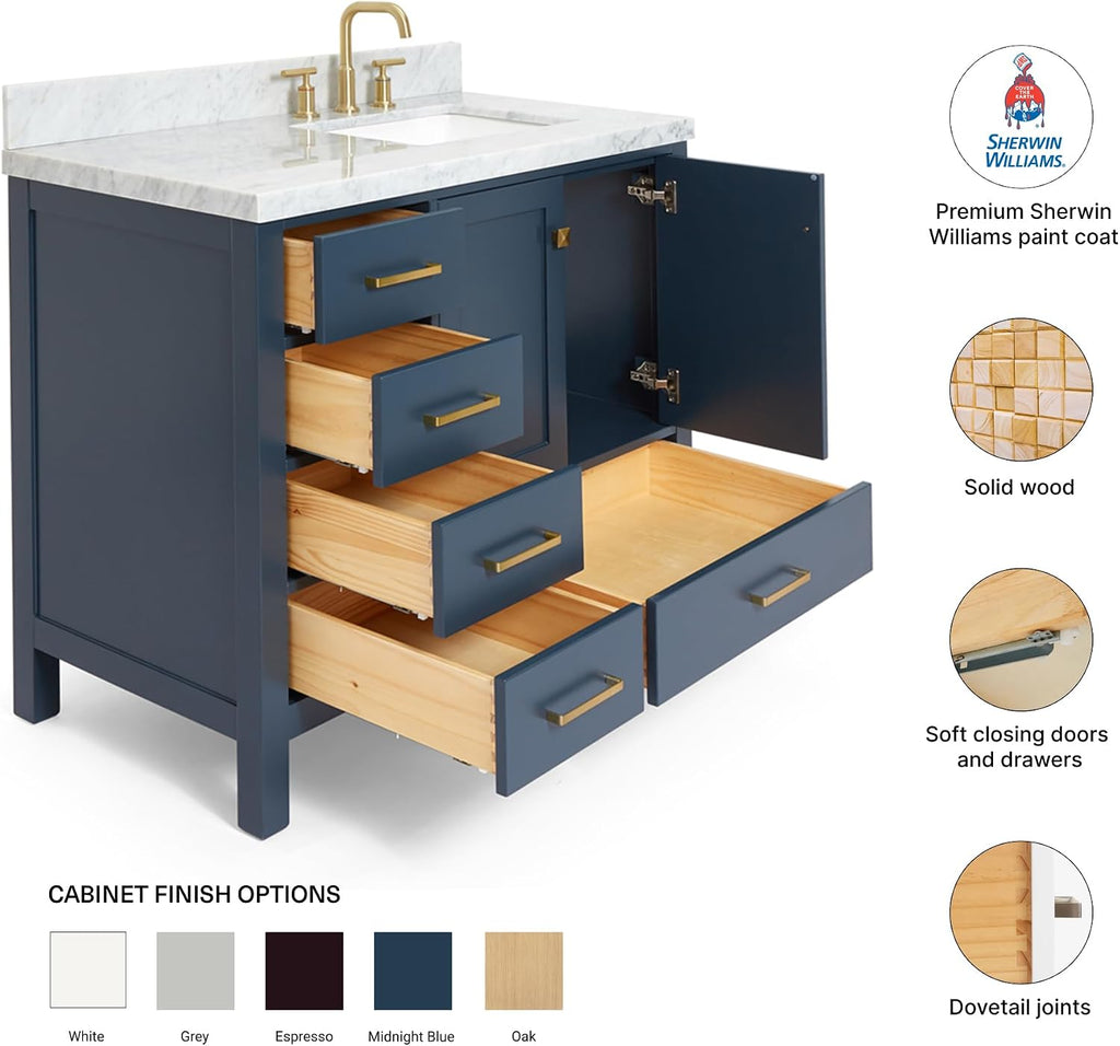 DKB Beckford 42-Inch Midnight Blue Bathroom Vanity with Sink, 1.5-Inch Italian Carrara Marble Countertop & Backsplash, Rectangular Sink, 2 Soft Closing Doors, 5 Dovetail Drawers, Satin Brass Hardware