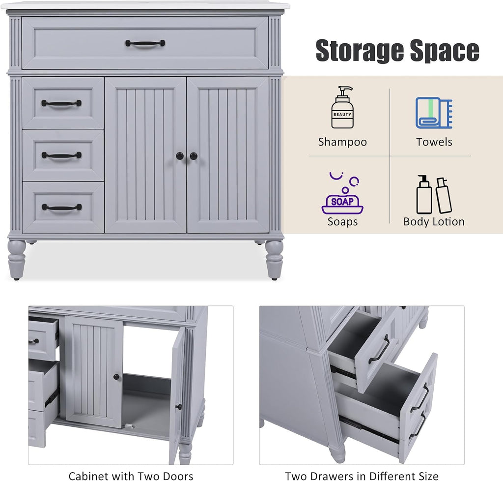Harper & Bright Designs 36' Bathroom Vanity with Sink, Free Standing Single Basin Vanity Set with 2 Drawers & 2 Doors, Solid Wood Bathroom Cabinet with Ceramic Basin for Bathroom, Grey