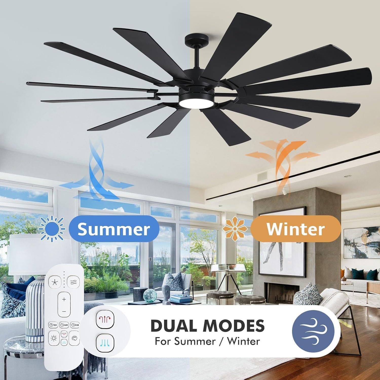 72 Inch Black Ceiling Fan with Light, 12 Dual-finish Blades Large Outdoor Ceiling Fan, Modern Industrial Cieling Fan with Reversible DC Motor, 3CCT, Dimmable LED for Garage, Patio, Indoor, Outdoor