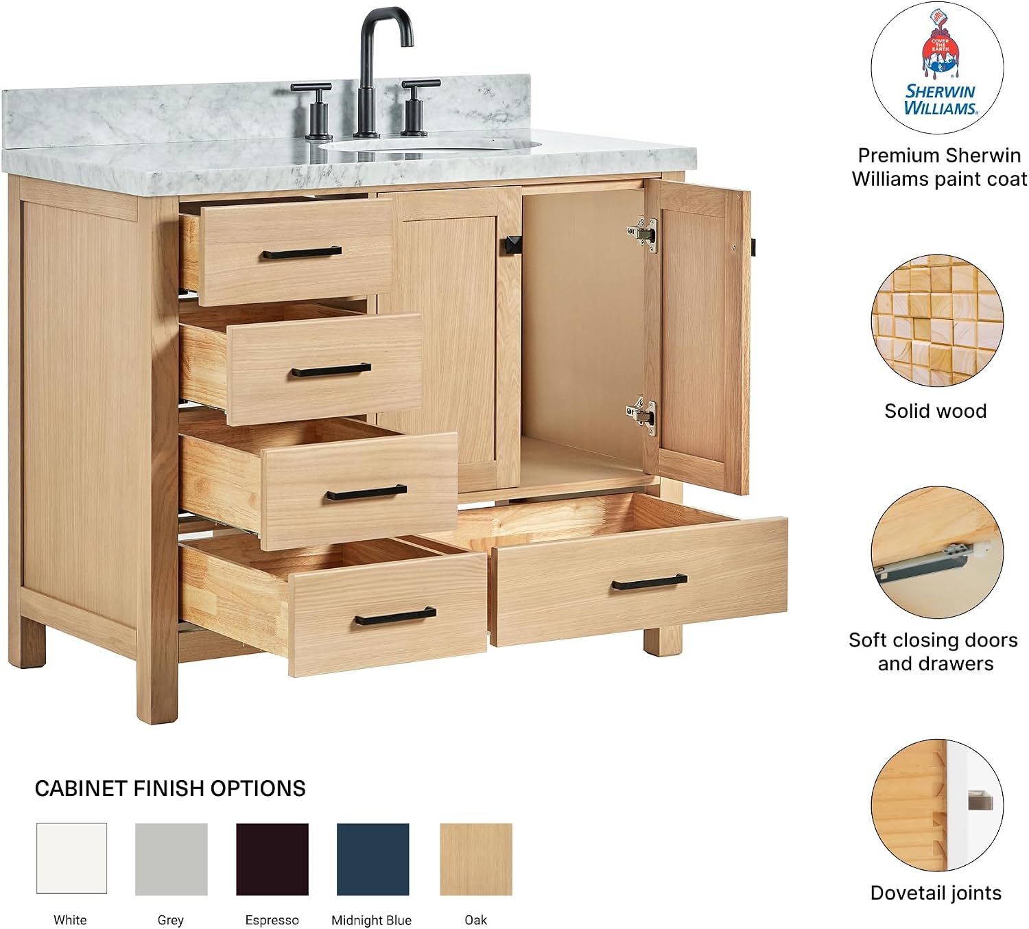 DKB Beckford 42-Inch Oak Single Bathroom Vanity with Sink, Italian Carrara Marble Countertop 1.5' Edge & Backsplash, Soft Closing Door & Drawer, Matte Black Hardware