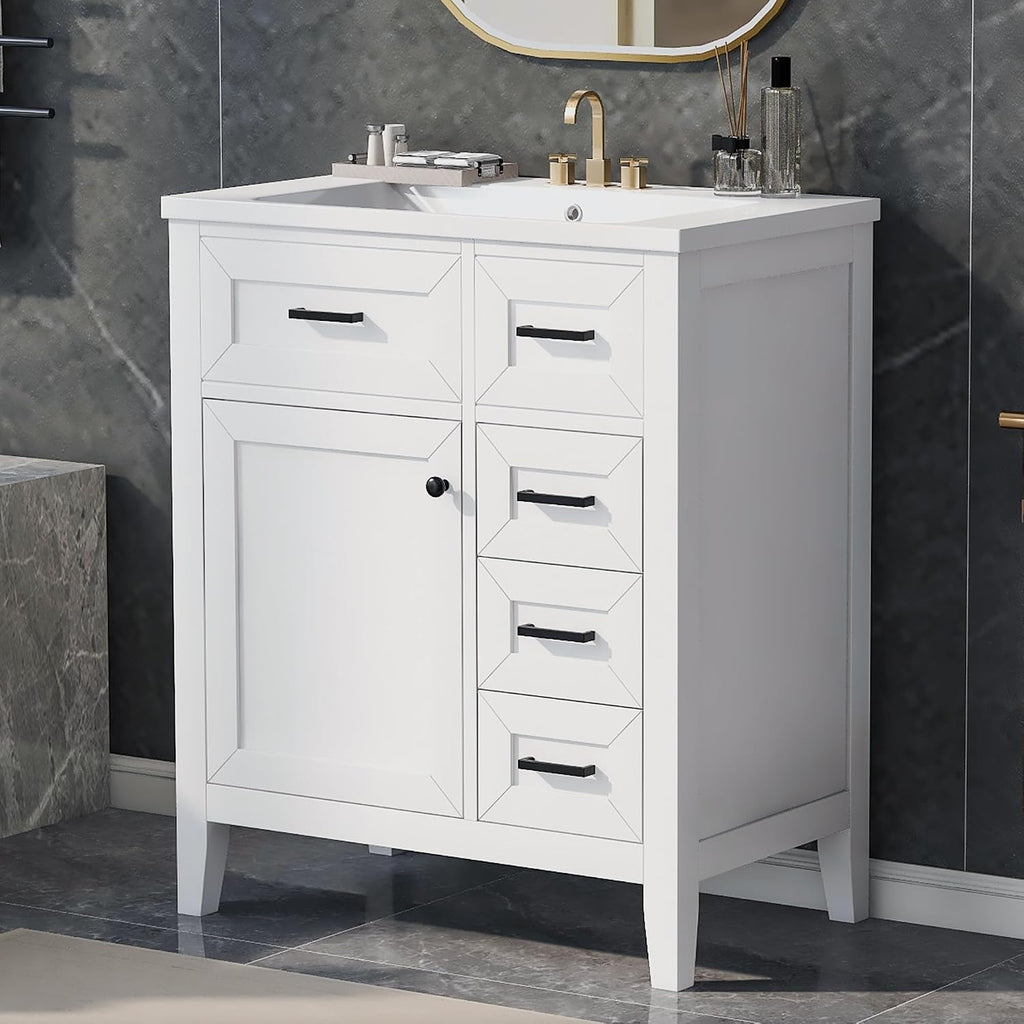 LUMISOL 30' Bathroom Vanity with Ceramic Sink, Modern Freestanding Bathroom Vanity with 3 Drawers & Door with Racks, Solid Wood Bathroom Storage Cabinet with Single Sink, White