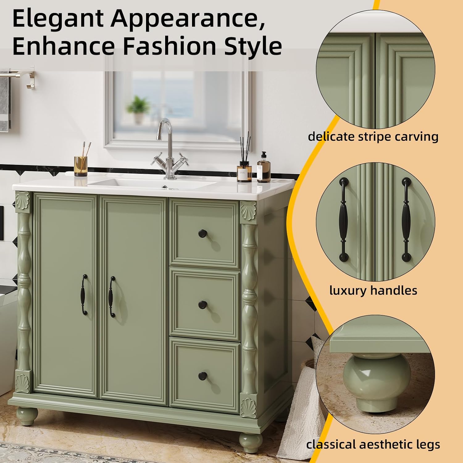 ONBRILL Bathroom Vanity with Sink Combo, Modern Bathroom Vanities with Adjustable Shelf, 4 Solid Legs, 2 Drawers, 2 Doors, Ceramic Integrated Sink, Freestanding Bath Storage Cabinet (36', Green)