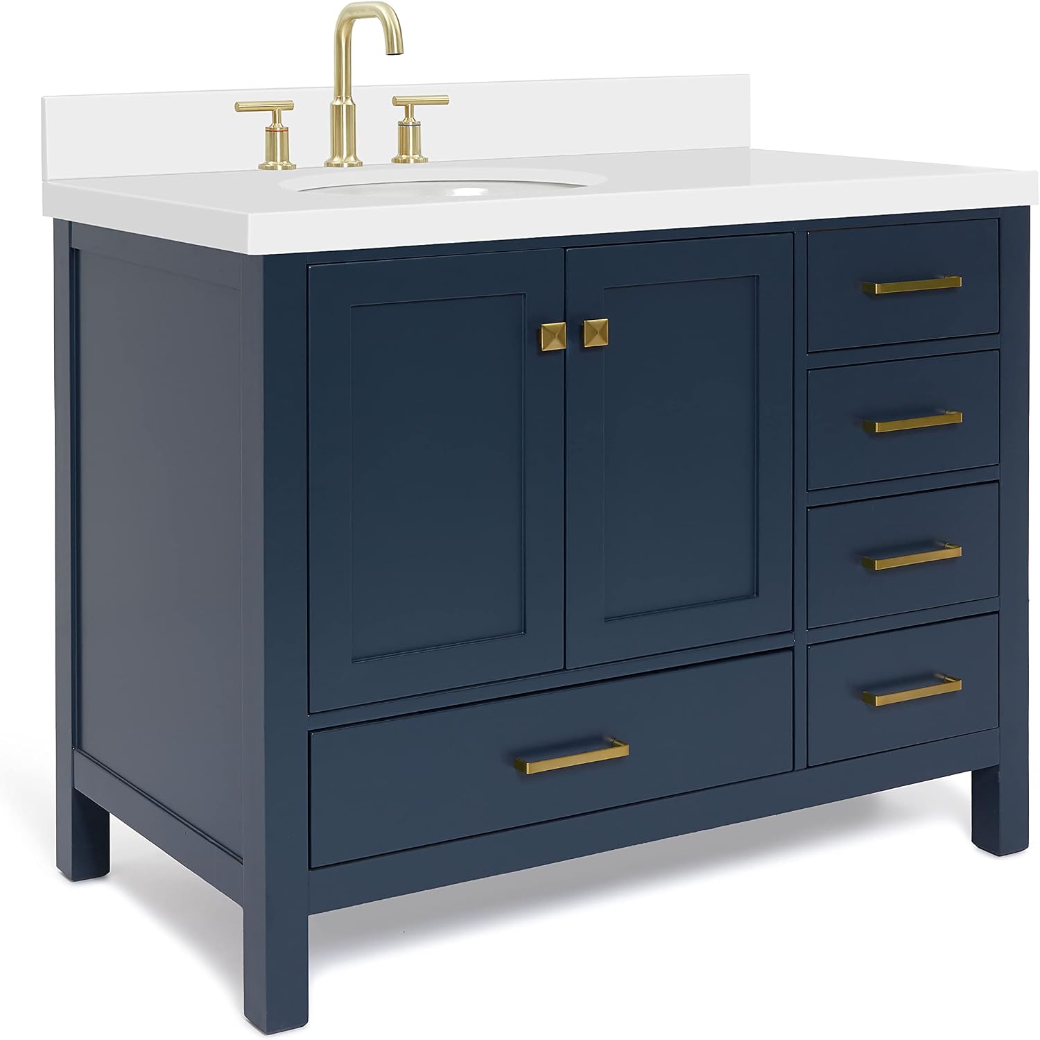 ARIEL Cambridge 42-inch Bathroom Vanity with Sink,Solid Wood, 1.5-inch Pure White Quartz Countertop & Backsplash, Single Oval Porcelain Sink, 2 Soft Closing Doors, 5 Dovetail Drawers, Midnight Blue