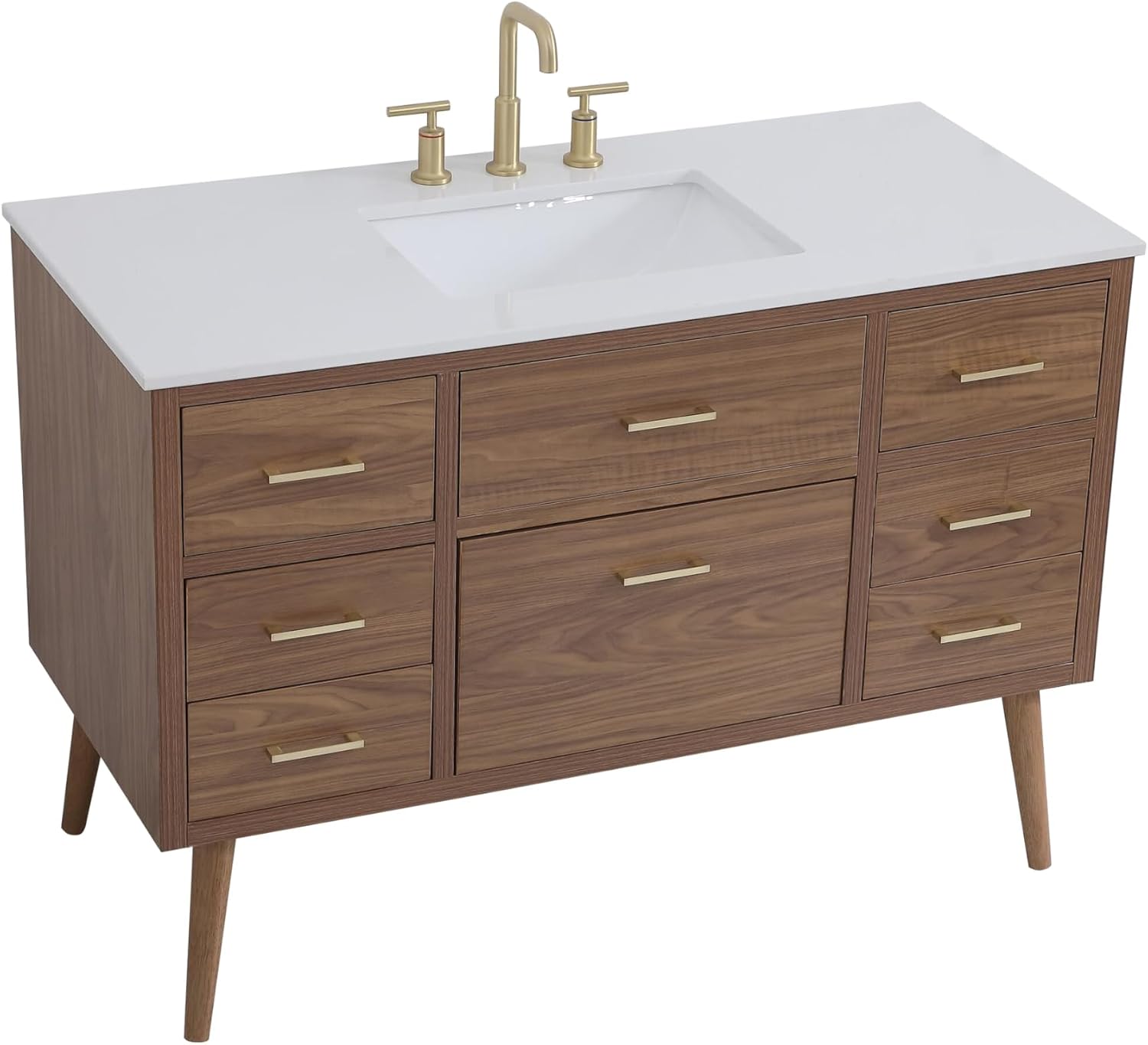 48' Pre-Assembled Bathroom Vanity with Sink, Engineered Wood, Ivory White Engineered Marble Countertop Attached, Single Rectangle Porcelain Sink, 7 Soft-Close Drawers, Walnut Brown