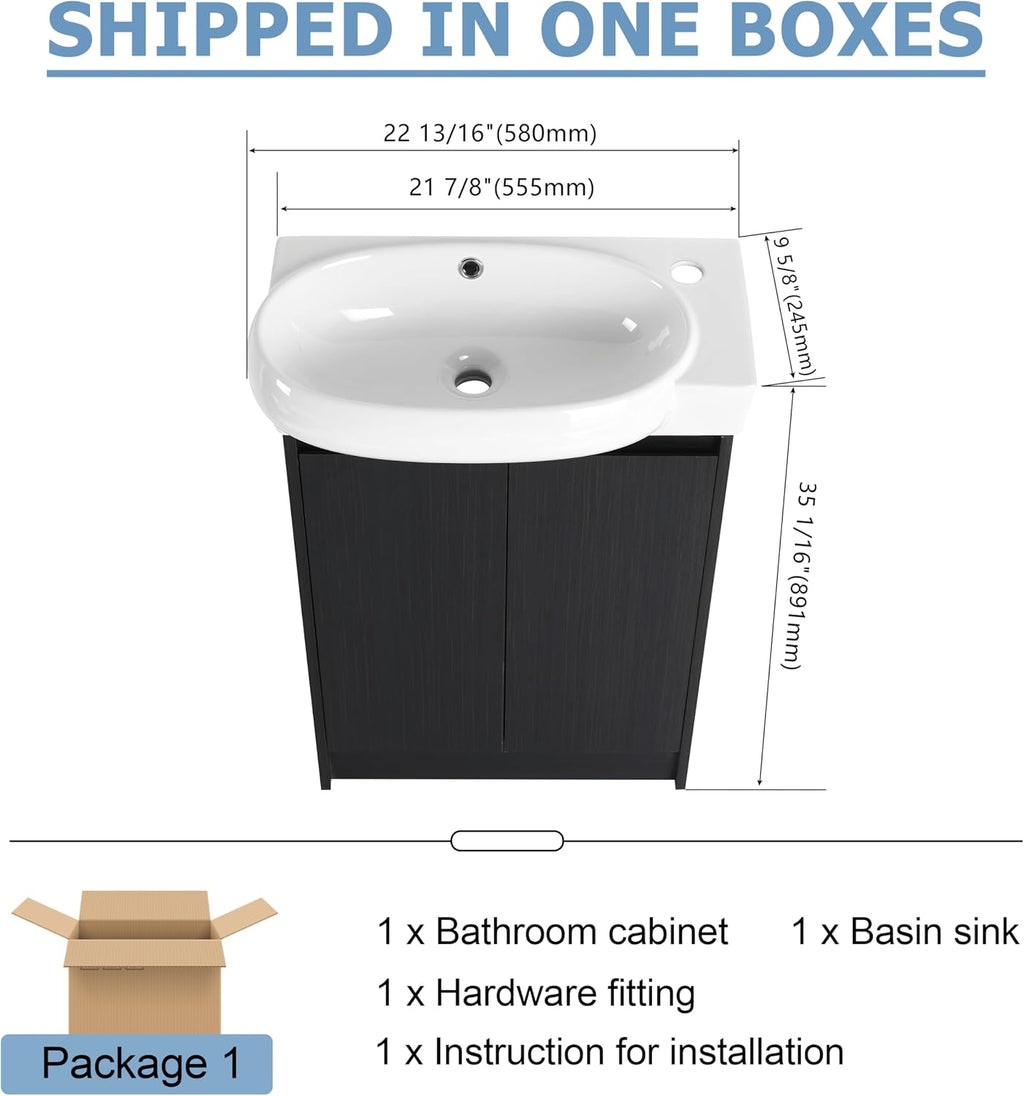 23' Small Bathroom Vanity with Sink, Freestanding Cabinet with Round Ceramic Basin, Soft Closing Doors, Adjustable Shelves, Modern Single Sink Vanity for Small Space, Black